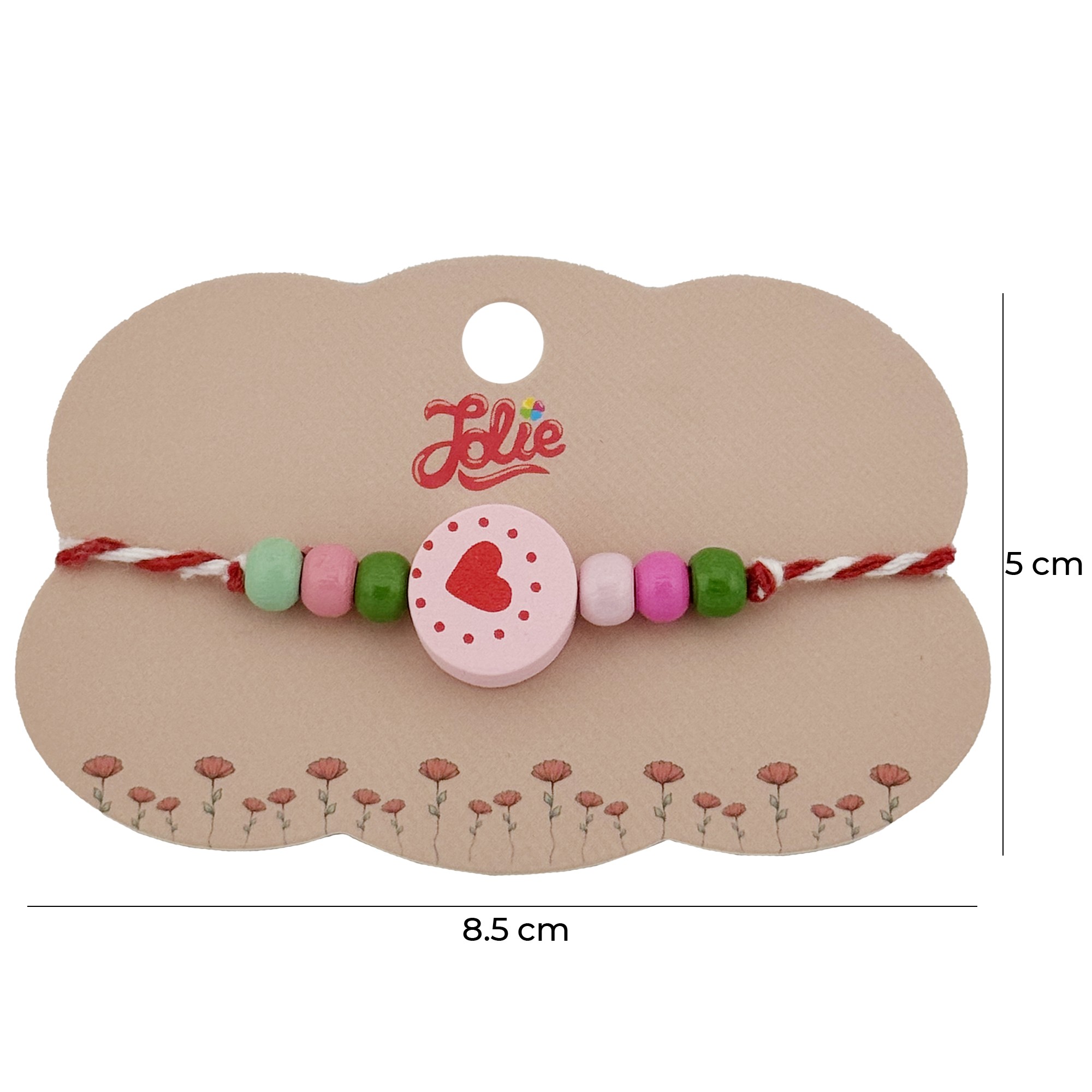 Bratara Martisor pentru Copii, Jolie, Pandativ Rotund Inima, cu Margele Multicolore, Snur Alb/Rosu, Roz deschis