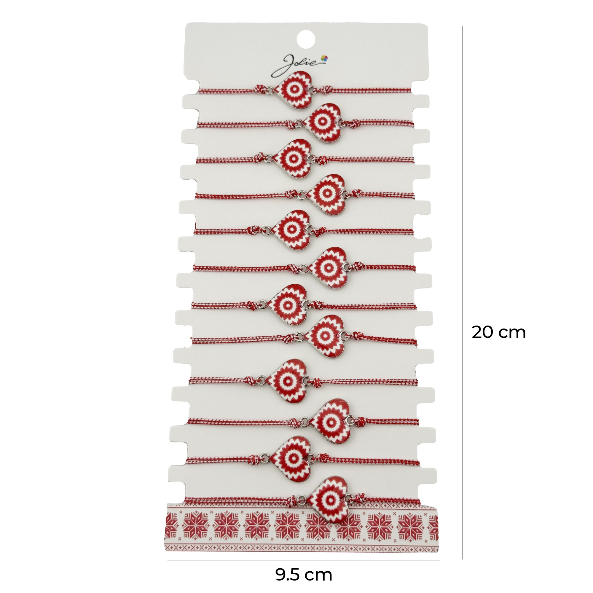 Bratara Martisor pentru Dama, Jolie, Model Inima, Set 12 bucati, Pandativ din Aliaj cu Print Traditional, Snur Ajustabil Impletit, Alb/Rosu