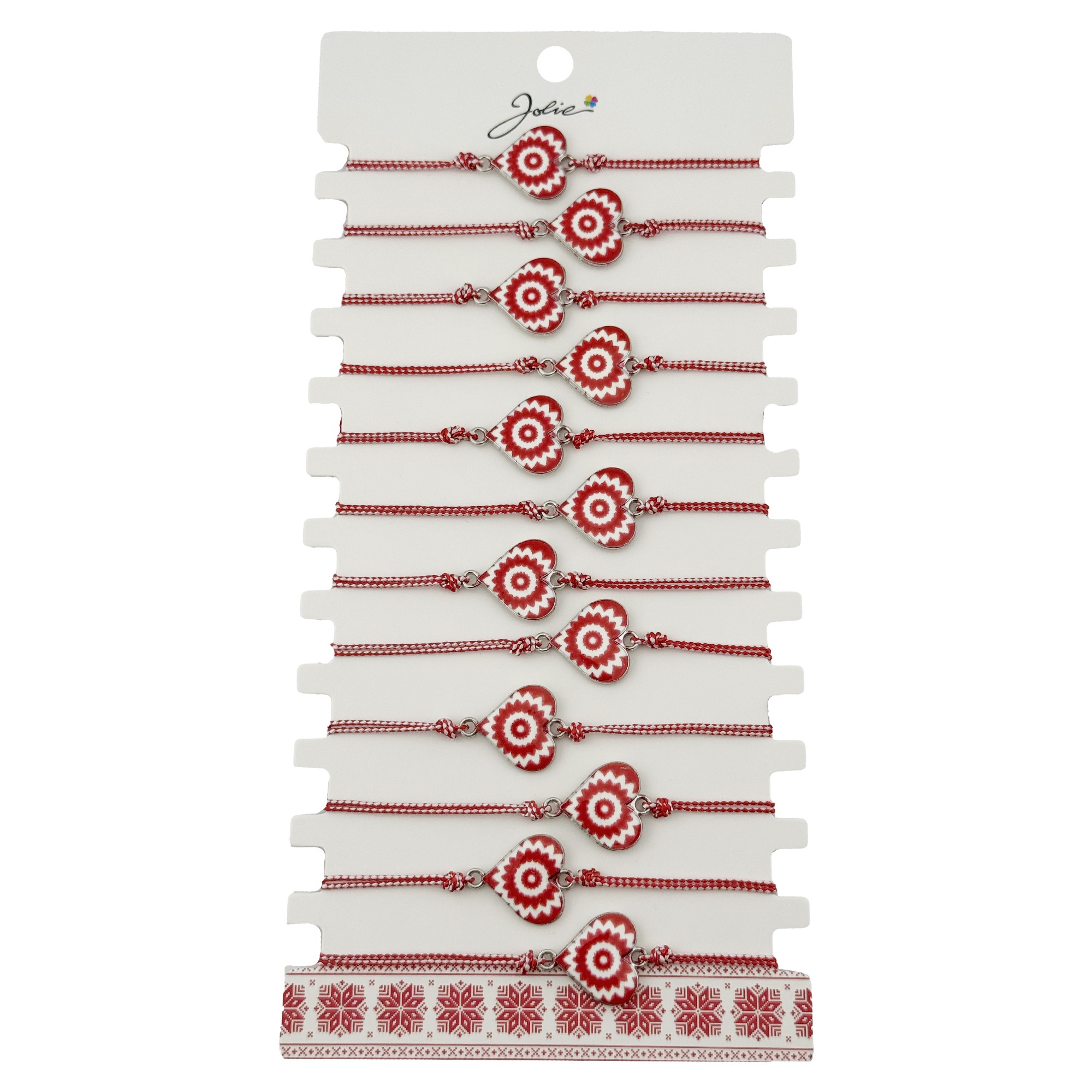 Bratara Martisor pentru Dama, Jolie, Model Inima, Set 12 bucati, Pandativ din Aliaj cu Print Traditional, Snur Ajustabil Impletit, Alb/Rosu