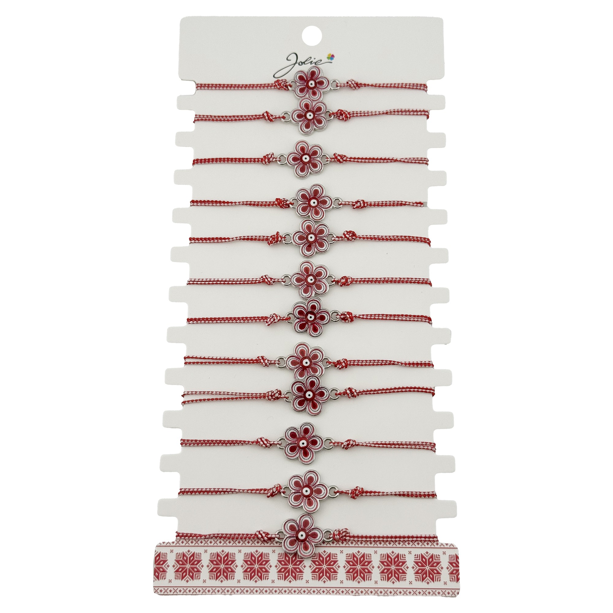 Bratara Martisor pentru Dama, Jolie, Model Floare, Set 12 bucati, Pandativ din Aliaj cu Print Traditional, Snur Ajustabil Impletit, Alb/Rosu