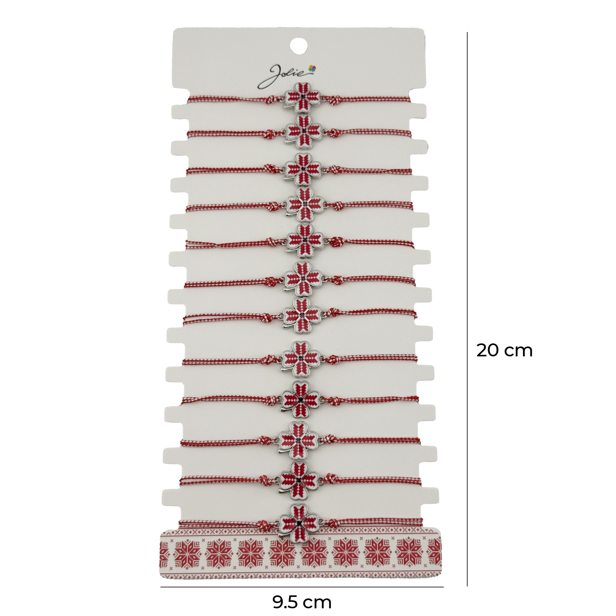 Bratara Martisor pentru Dama, Jolie, Model Trifoi, Set 12 bucati, Pandativ din Aliaj cu Print Traditional, Snur Ajustabil Impletit, Alb/Rosu