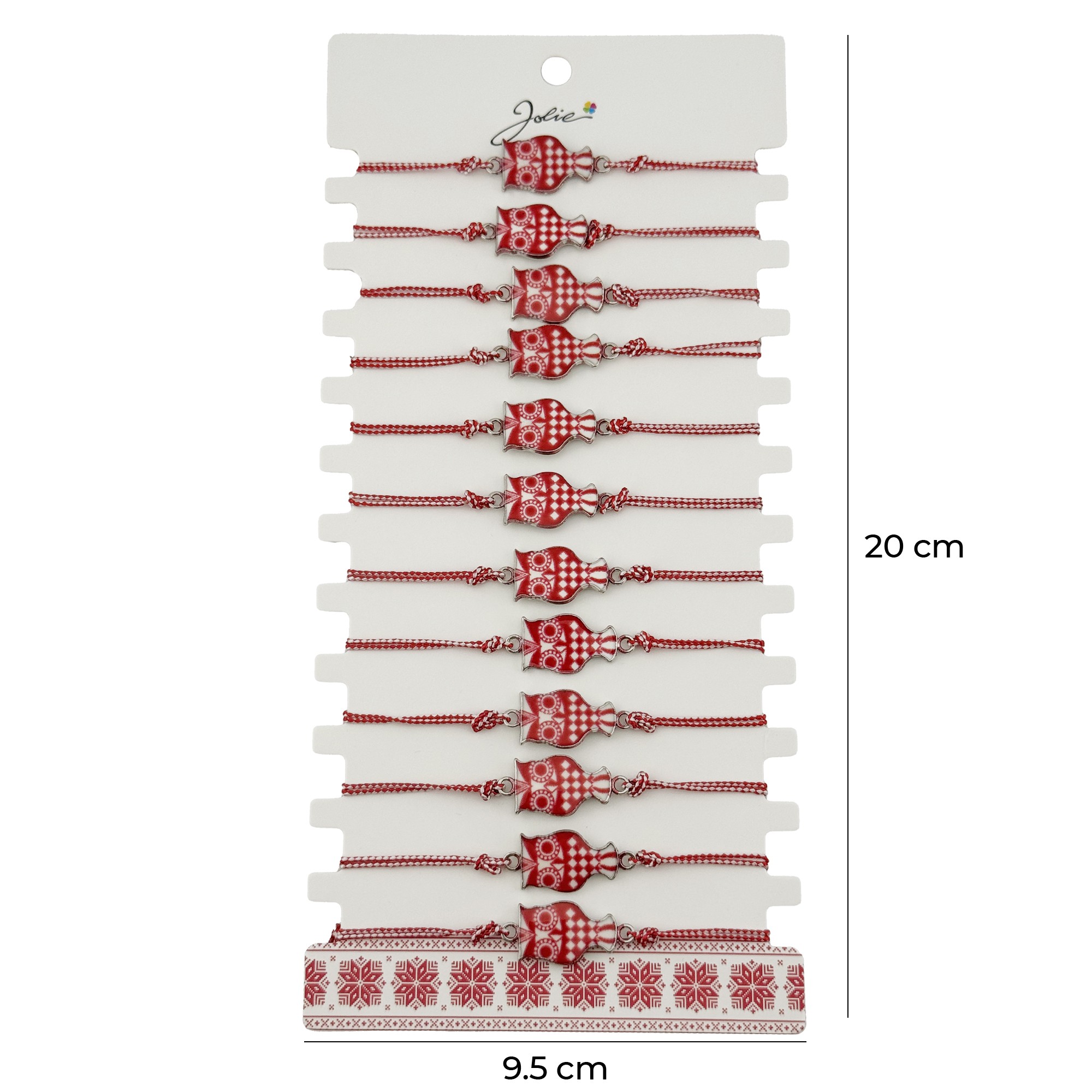 Bratara Martisor pentru Dama, Jolie, Model Bufnita, Set 12 bucati, Pandativ din Aliaj cu Print Traditional, Snur Ajustabil Impletit, Alb/Rosu