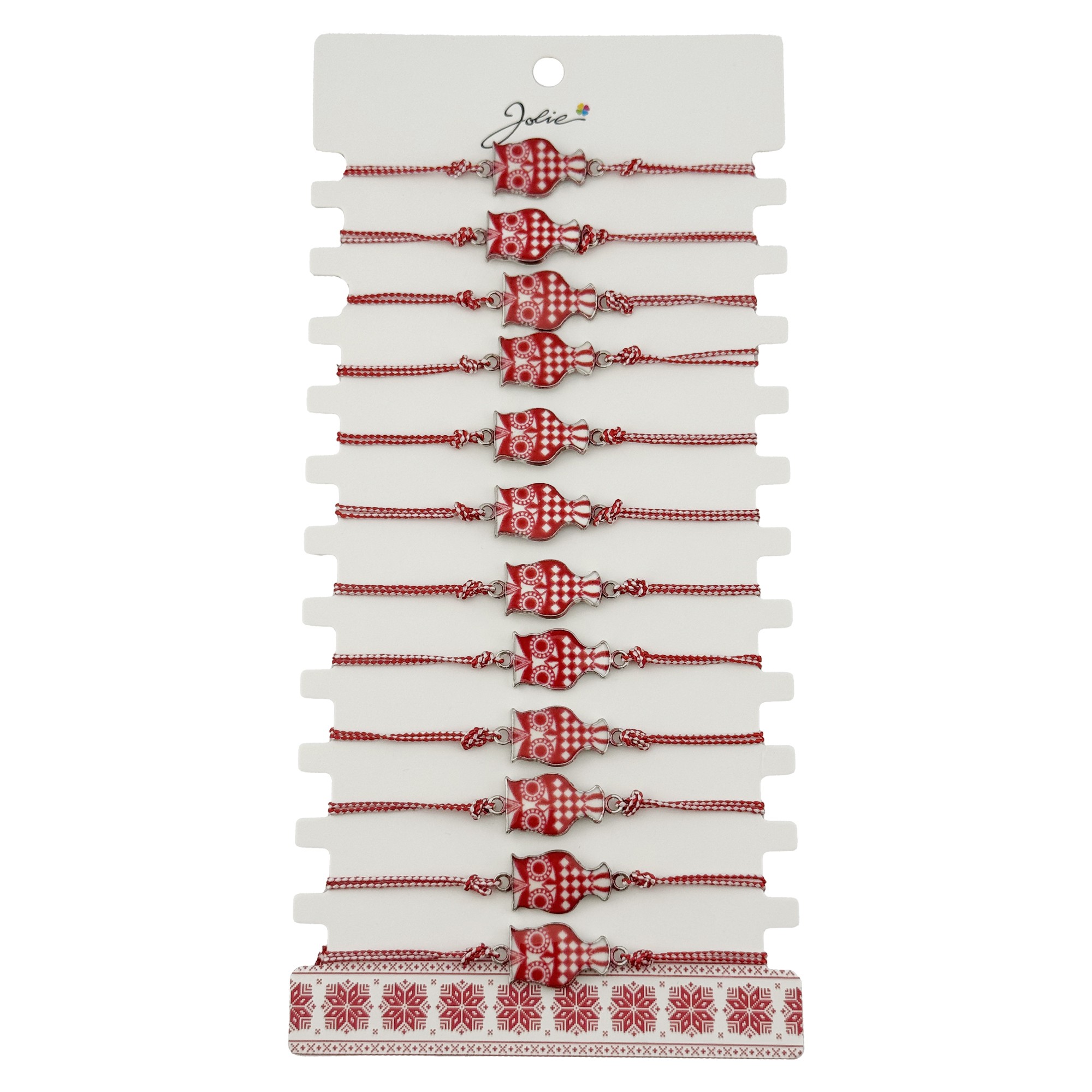 Bratara Martisor pentru Dama, Jolie, Model Bufnita, Set 12 bucati, Pandativ din Aliaj cu Print Traditional, Snur Ajustabil Impletit, Alb/Rosu