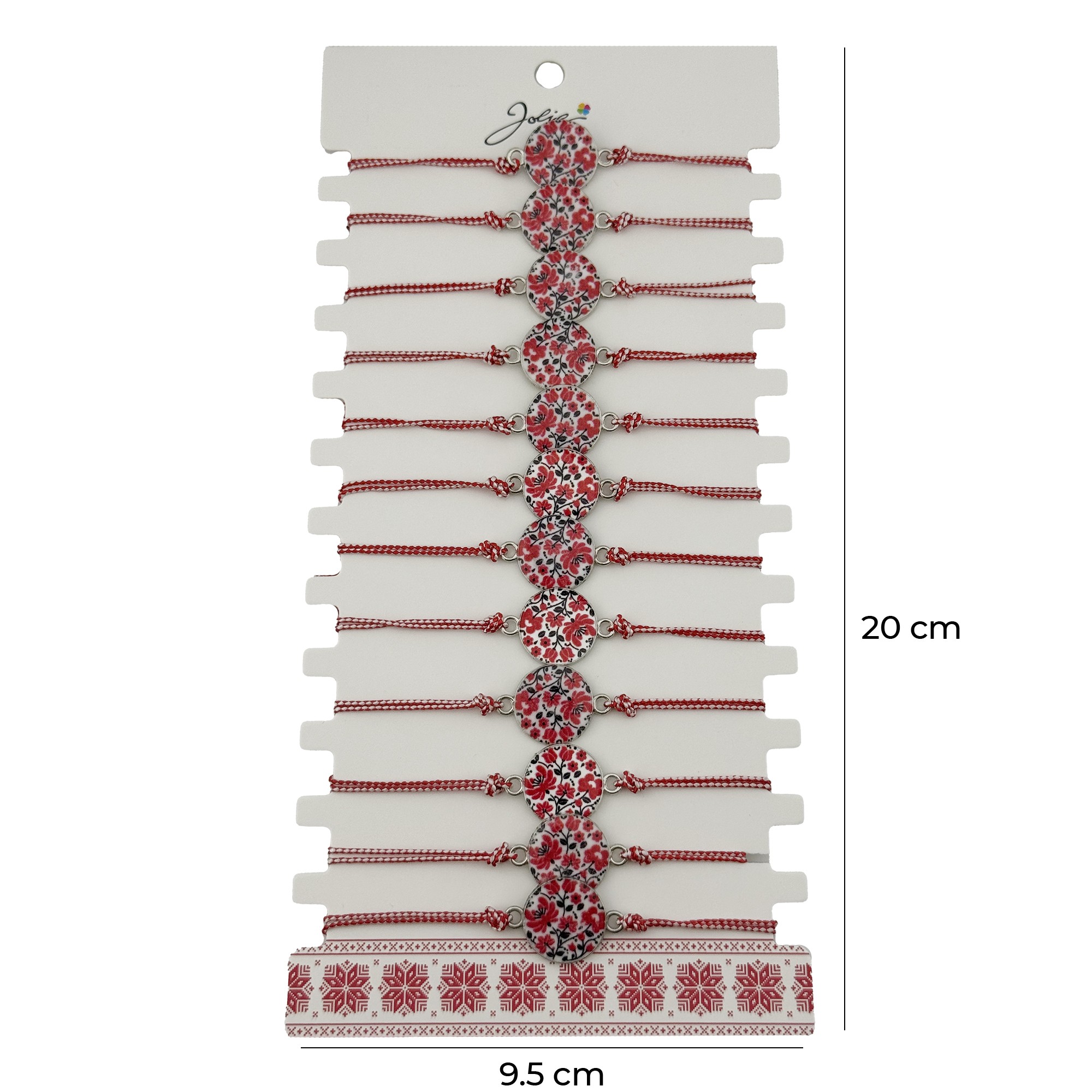 Bratara Martisor pentru Dama, Jolie, Model Rotund cu Flori, Set 12 bucati, Pandativ din Aliaj, cu Print Traditional, Snur Ajustabil Impletit, Alb/Rosu