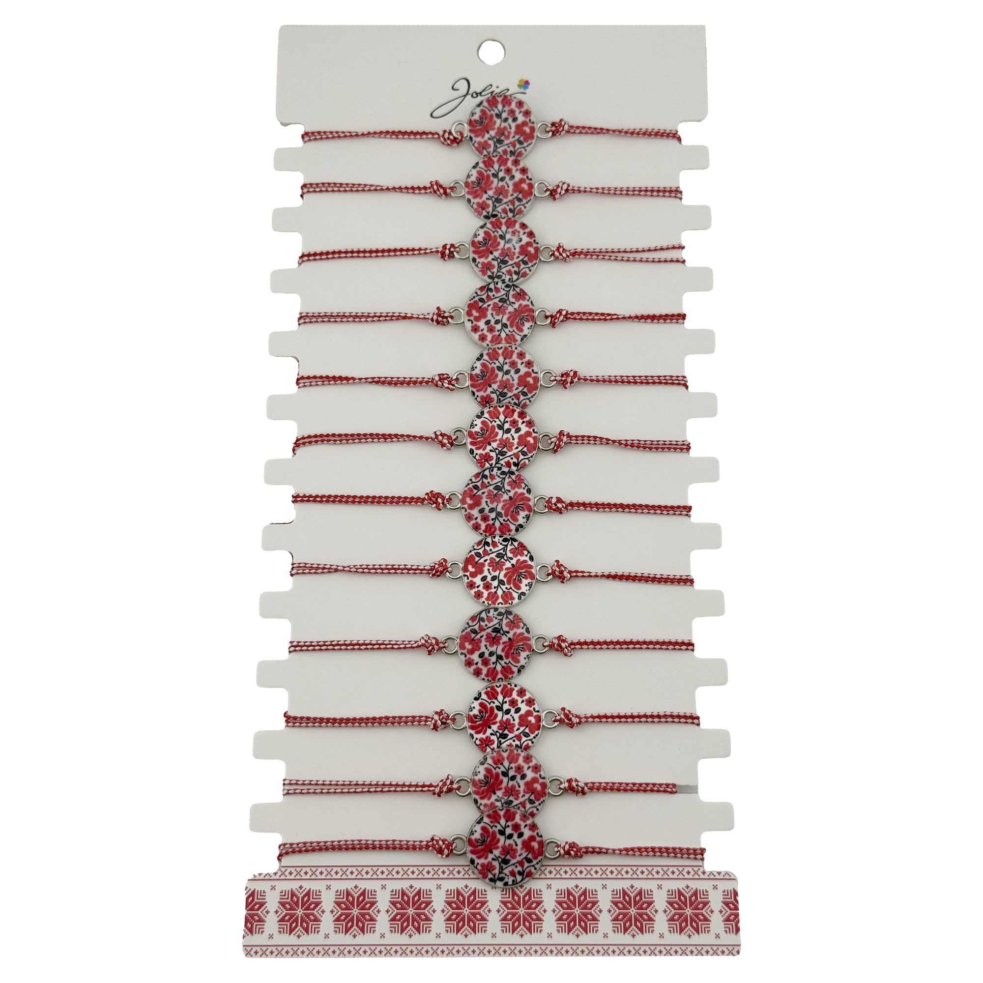 Bratara Martisor pentru Dama, Jolie, Model Rotund cu Flori, Set 12 bucati, Pandativ din Aliaj, cu Print Traditional, Snur Ajustabil Impletit, Alb/Rosu