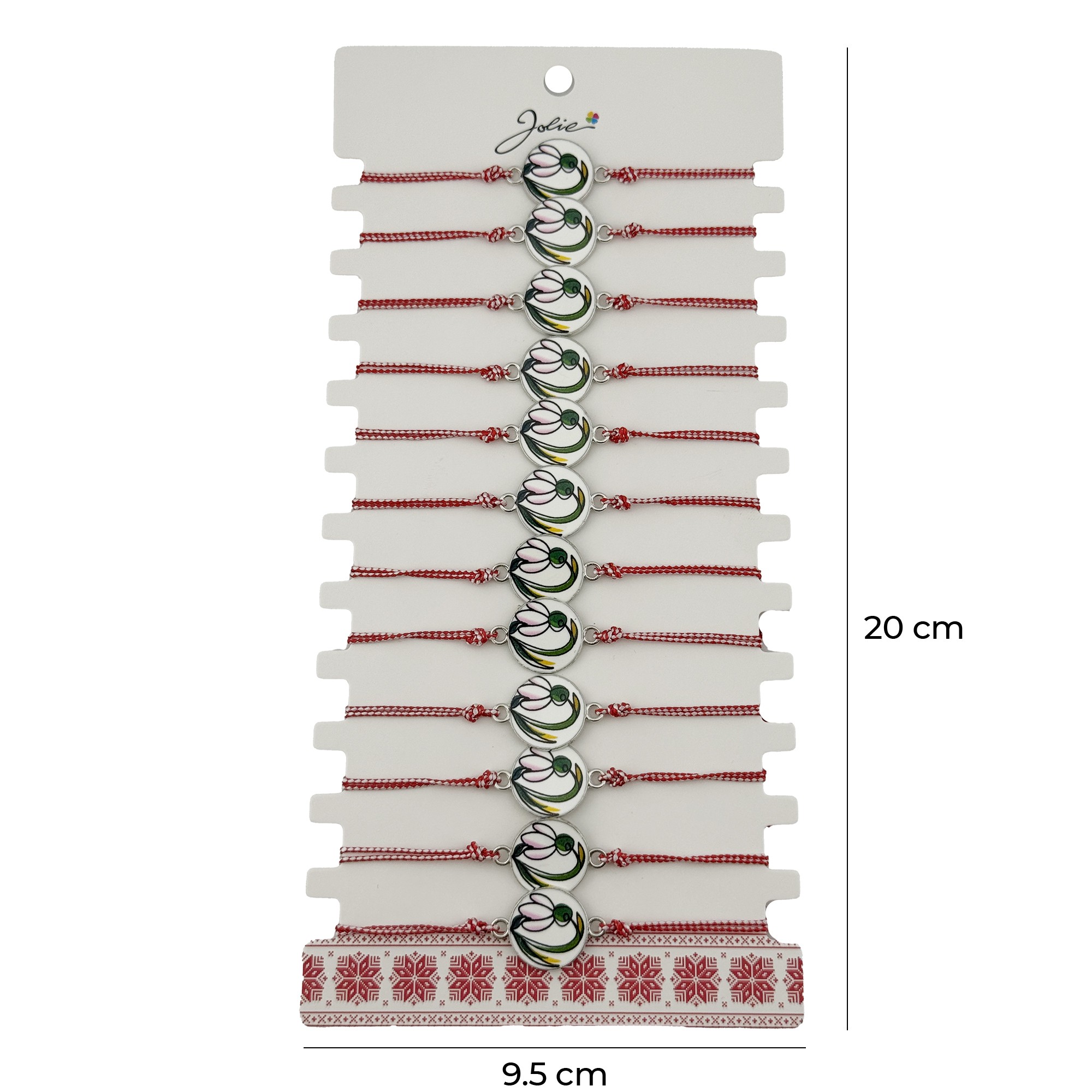 Bratara Martisor pentru Dama, Jolie, Model Rotund cu Ghiocel, Set 12 bucati, Pandativ din Aliaj cu Print Traditional, Snur Ajustabil Impletit, Alb/Rosu