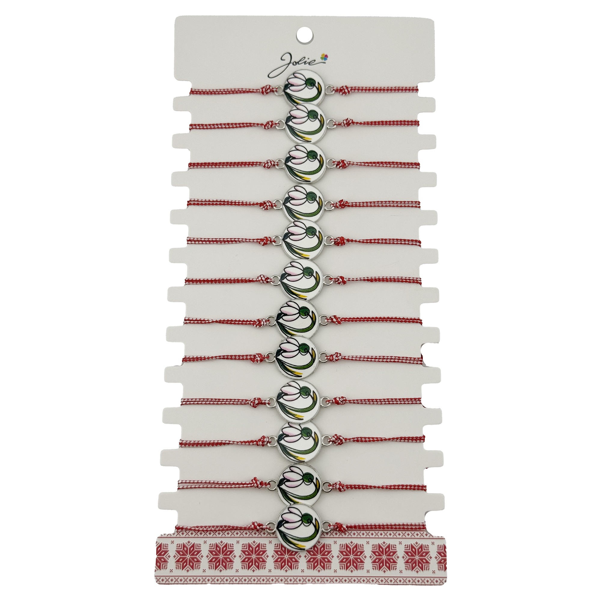 Bratara Martisor pentru Dama, Jolie, Model Rotund cu Ghiocel, Set 12 bucati, Pandativ din Aliaj cu Print Traditional, Snur Ajustabil Impletit, Alb/Rosu