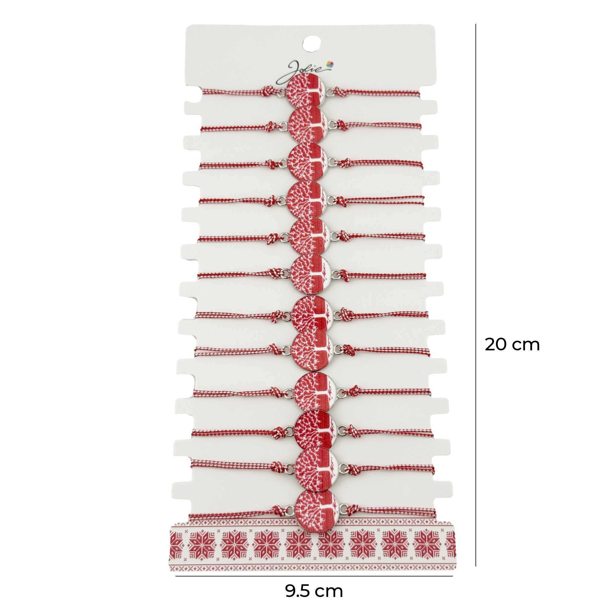 Bratara Martisor pentru Dama, Jolie, Model Rotund cu Copac, Set 12 bucati, Pandativ din Aliaj cu Print Traditional, Snur Ajustabil Impletit, Alb/Rosu