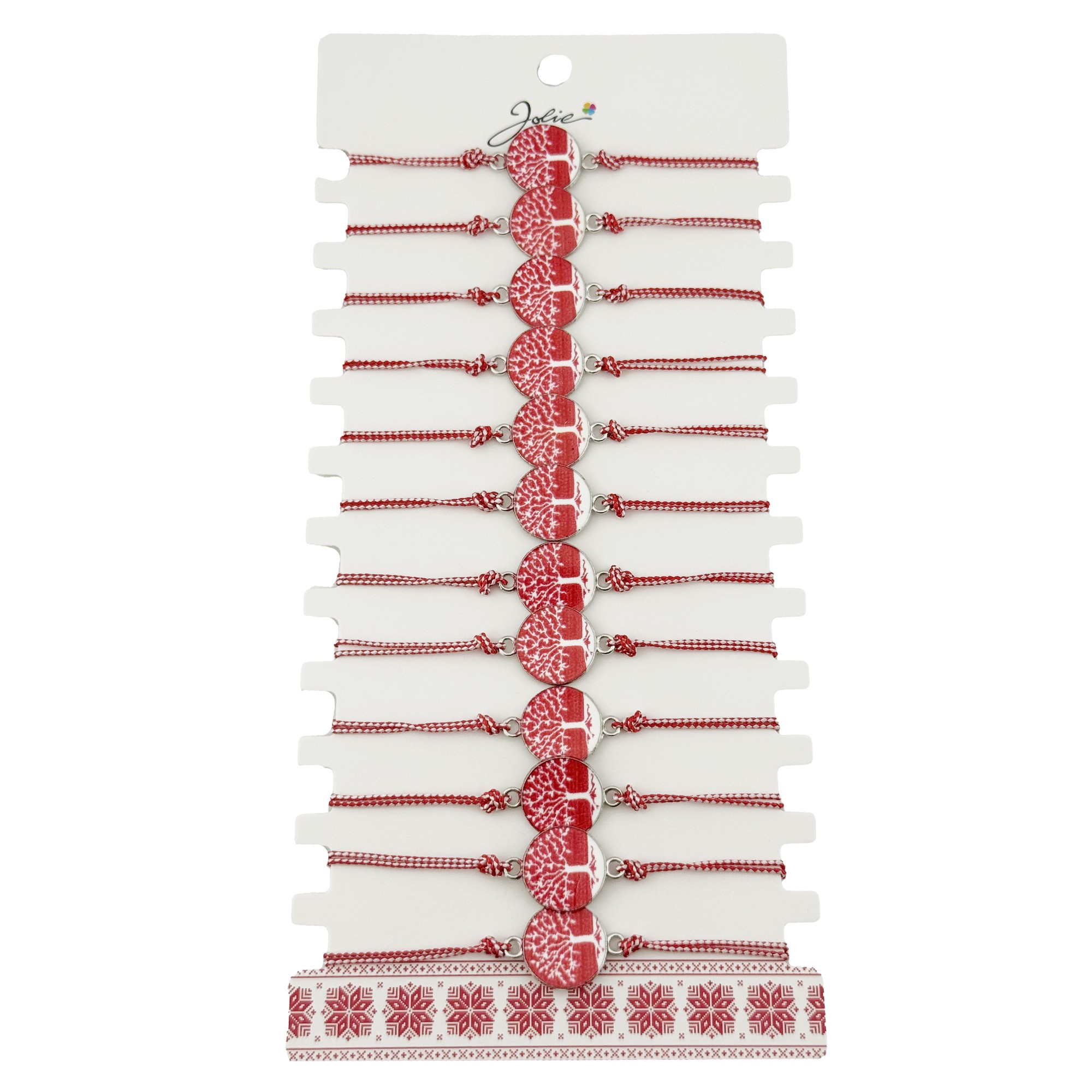 Bratara Martisor pentru Dama, Jolie, Model Rotund cu Copac, Set 12 bucati, Pandativ din Aliaj cu Print Traditional, Snur Ajustabil Impletit, Alb/Rosu