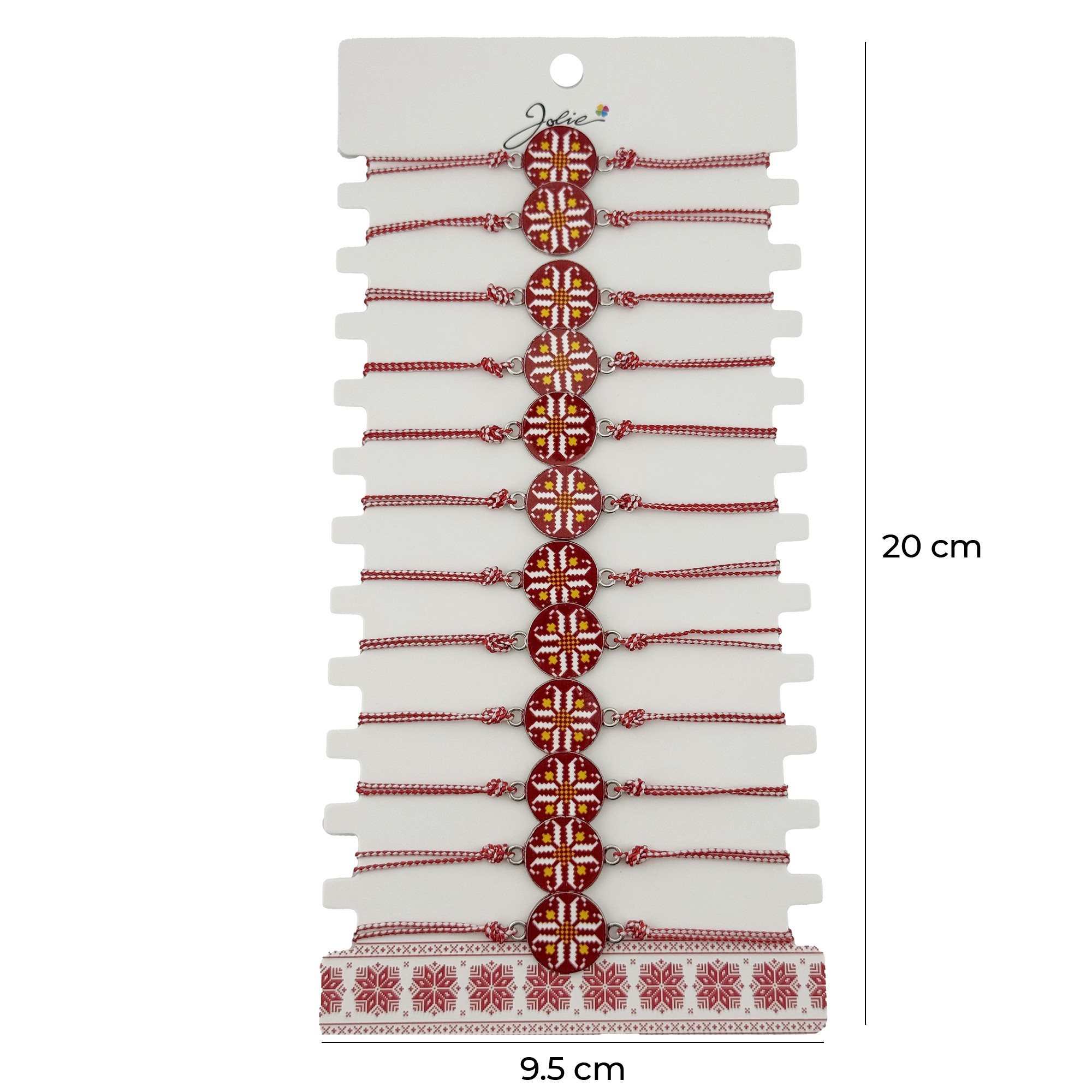 Bratara Martisor pentru Dama, Jolie, Model Rotund Port Traditional, Set 12 bucati, Pandativ din Aliaj cu Print Traditional, Snur Ajustabil Impletit, Alb/Rosu