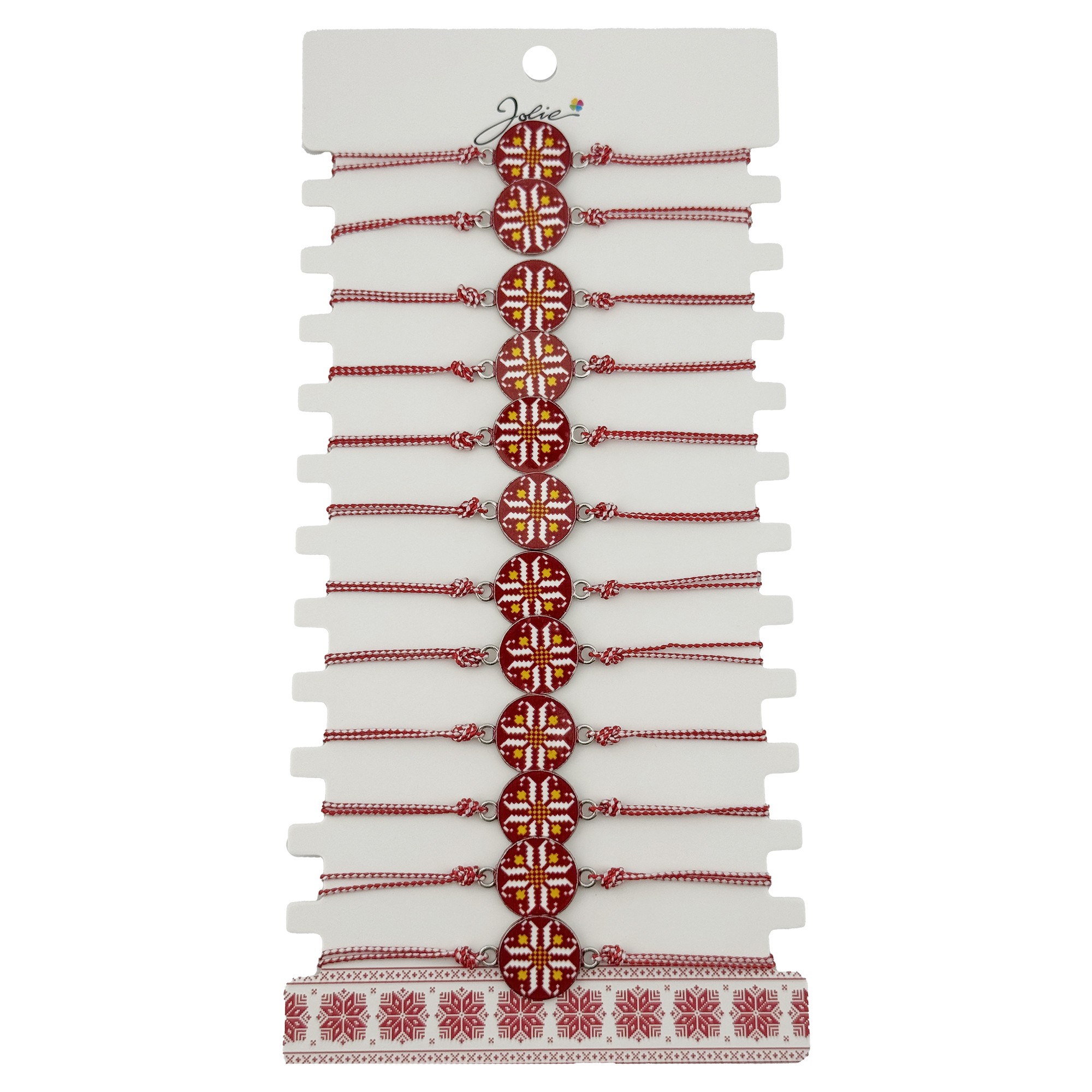 Bratara Martisor pentru Dama, Jolie, Model Rotund Port Traditional, Set 12 bucati, Pandativ din Aliaj cu Print Traditional, Snur Ajustabil Impletit, Alb/Rosu