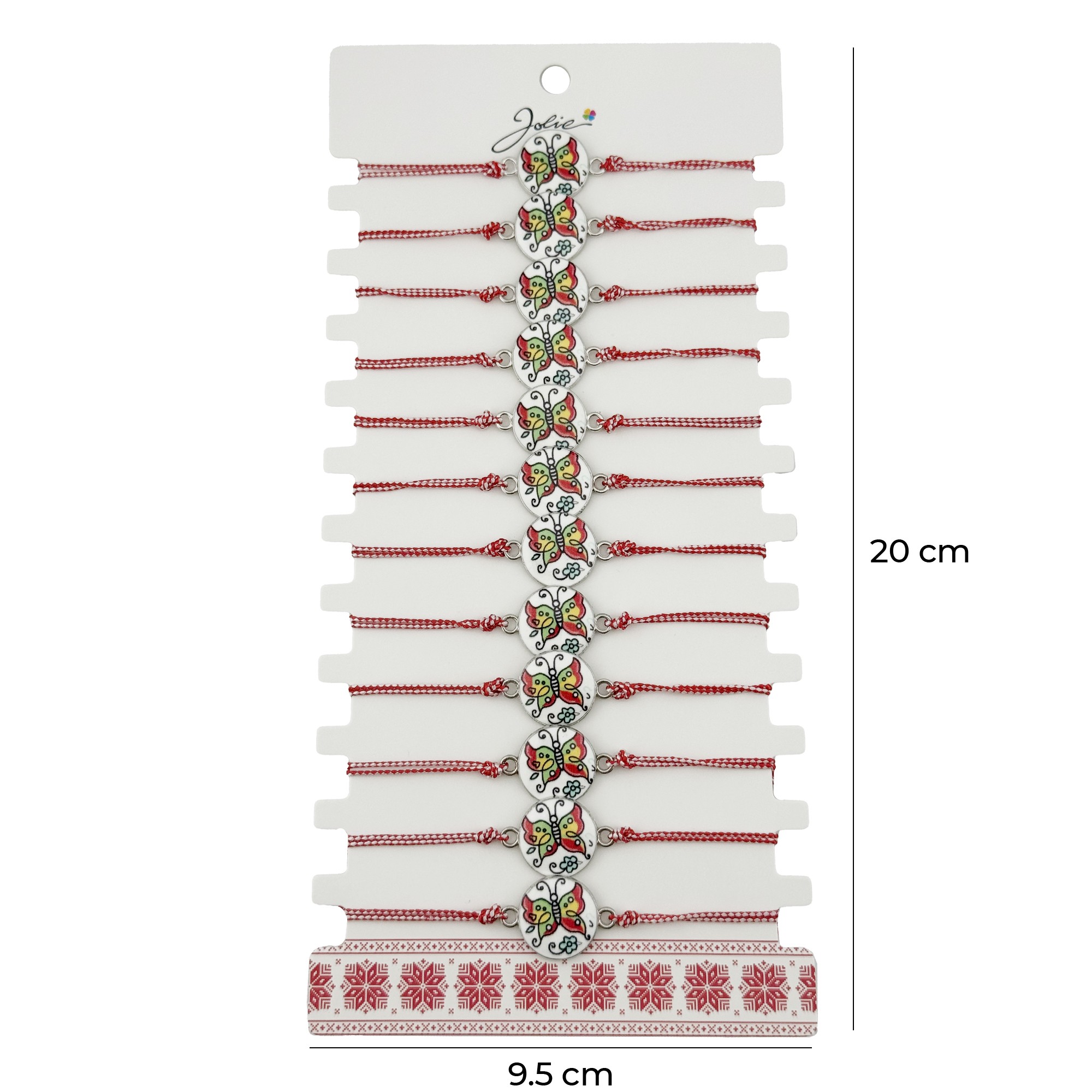 Bratara Martisor pentru Dama, Jolie, Model Fluture, Set 12 bucati, Pandativ din Aliaj cu Print Traditional, Snur Ajustabil Impletit, Alb/Rosu