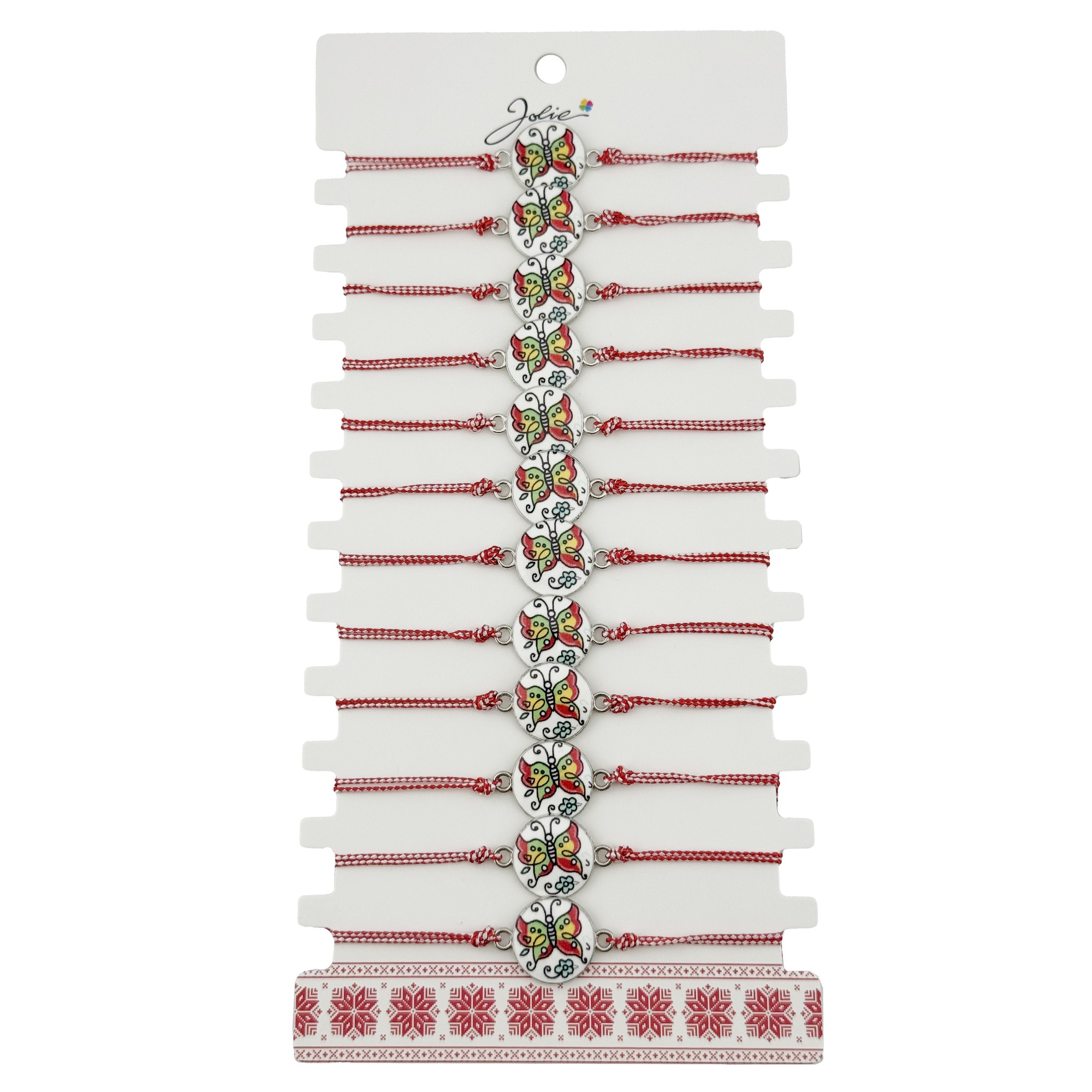 Bratara Martisor pentru Dama, Jolie, Model Fluture, Set 12 bucati, Pandativ din Aliaj cu Print Traditional, Snur Ajustabil Impletit, Alb/Rosu