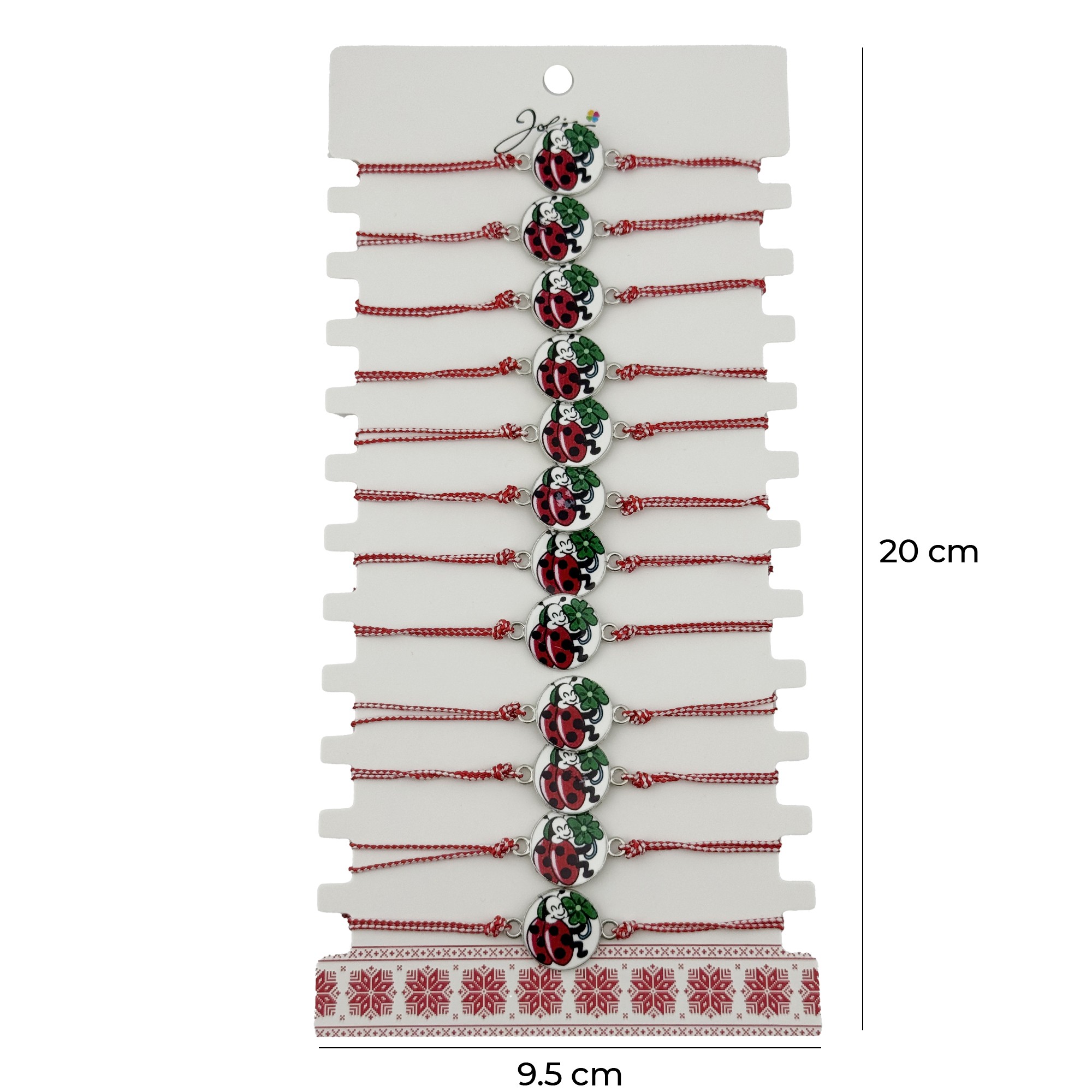 Bratara Martisor pentru Dama, Jolie, Model Buburuza cu Trifoi, Set 12 bucati, Pandativ Alb cu Print Traditional, Snur Ajustabil Impletit, Alb/Rosu