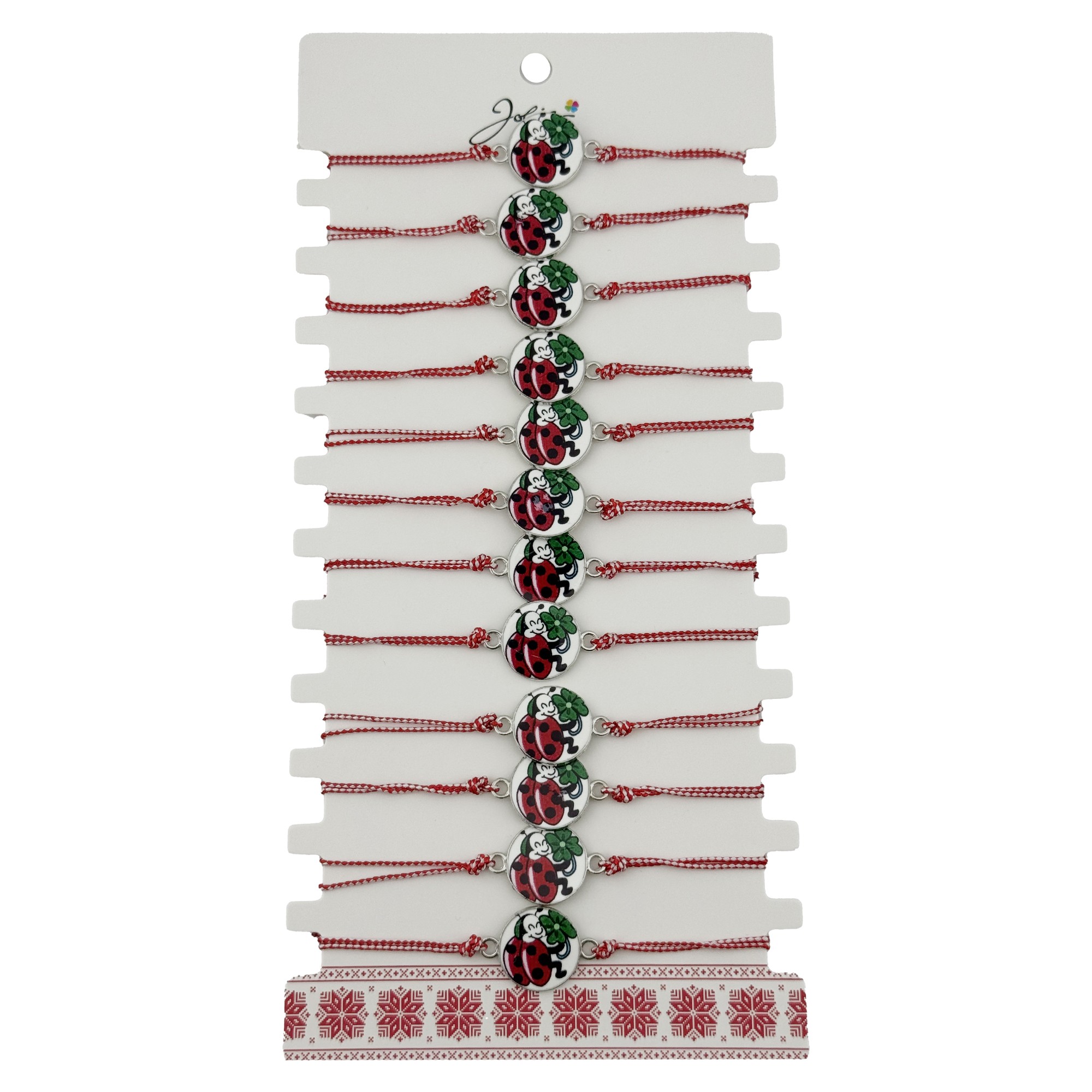 Bratara Martisor pentru Dama, Jolie, Model Buburuza cu Trifoi, Set 12 bucati, Pandativ Alb cu Print Traditional, Snur Ajustabil Impletit, Alb/Rosu