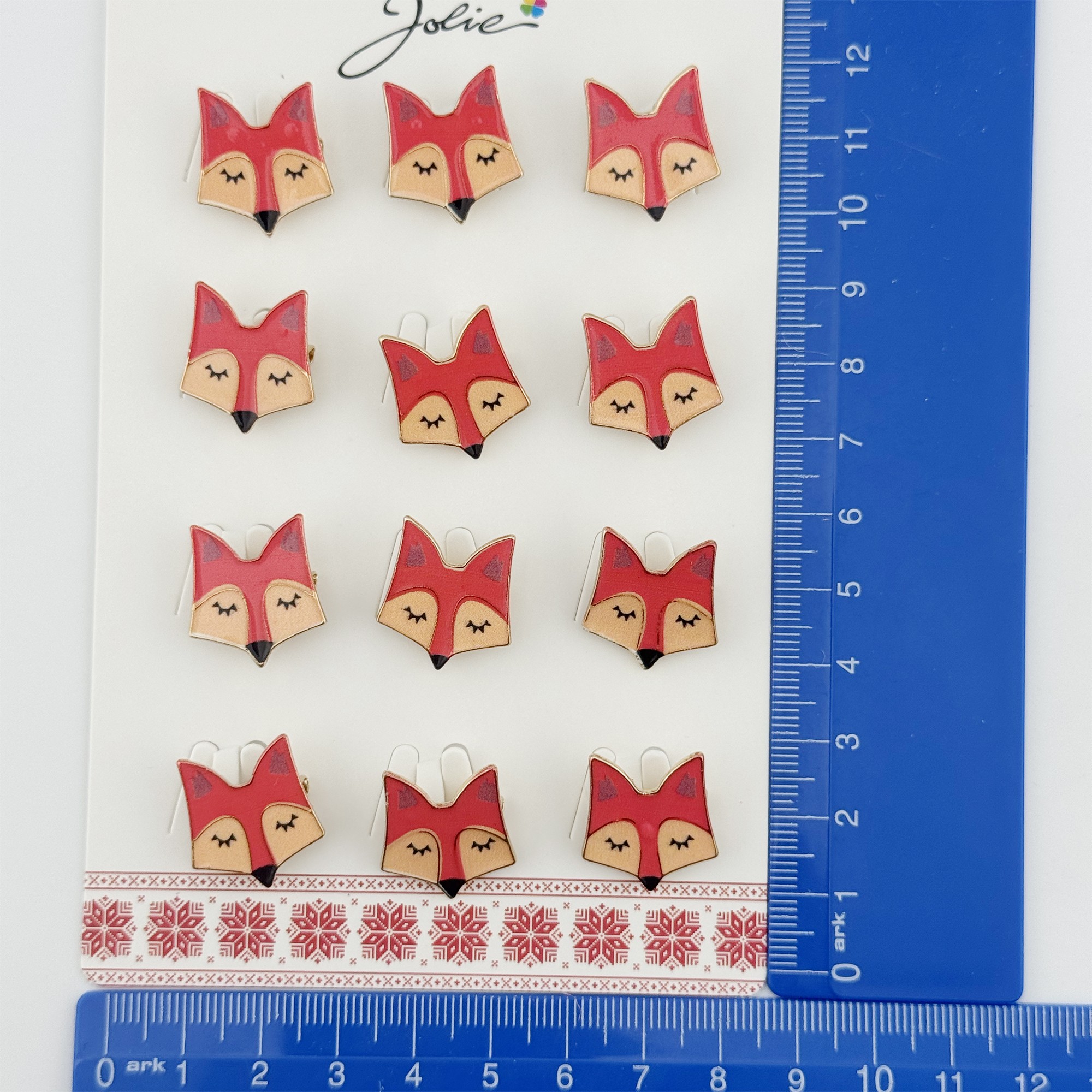 Set 12 Brose Martisor Traditional, Jolie, Model Vulpe, Brose din Metal, Aspect Lacuit, 2,5 x 2,5 cm per Unitate, Rosu