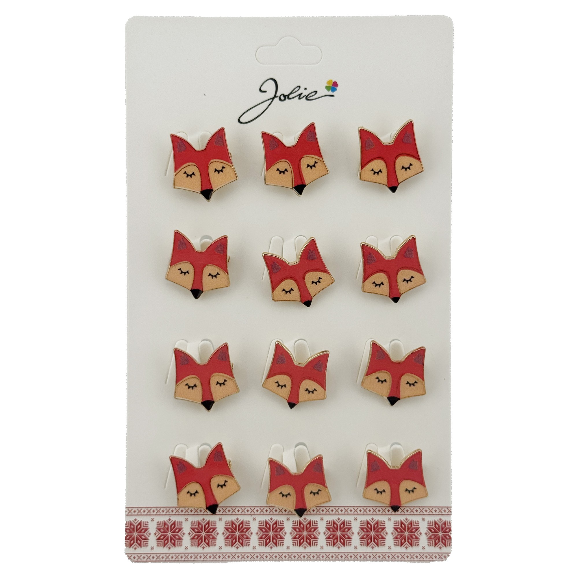 Set 12 Brose Martisor Traditional, Jolie, Model Vulpe, Brose din Metal, Aspect Lacuit, 2,5 x 2,5 cm per Unitate, Rosu