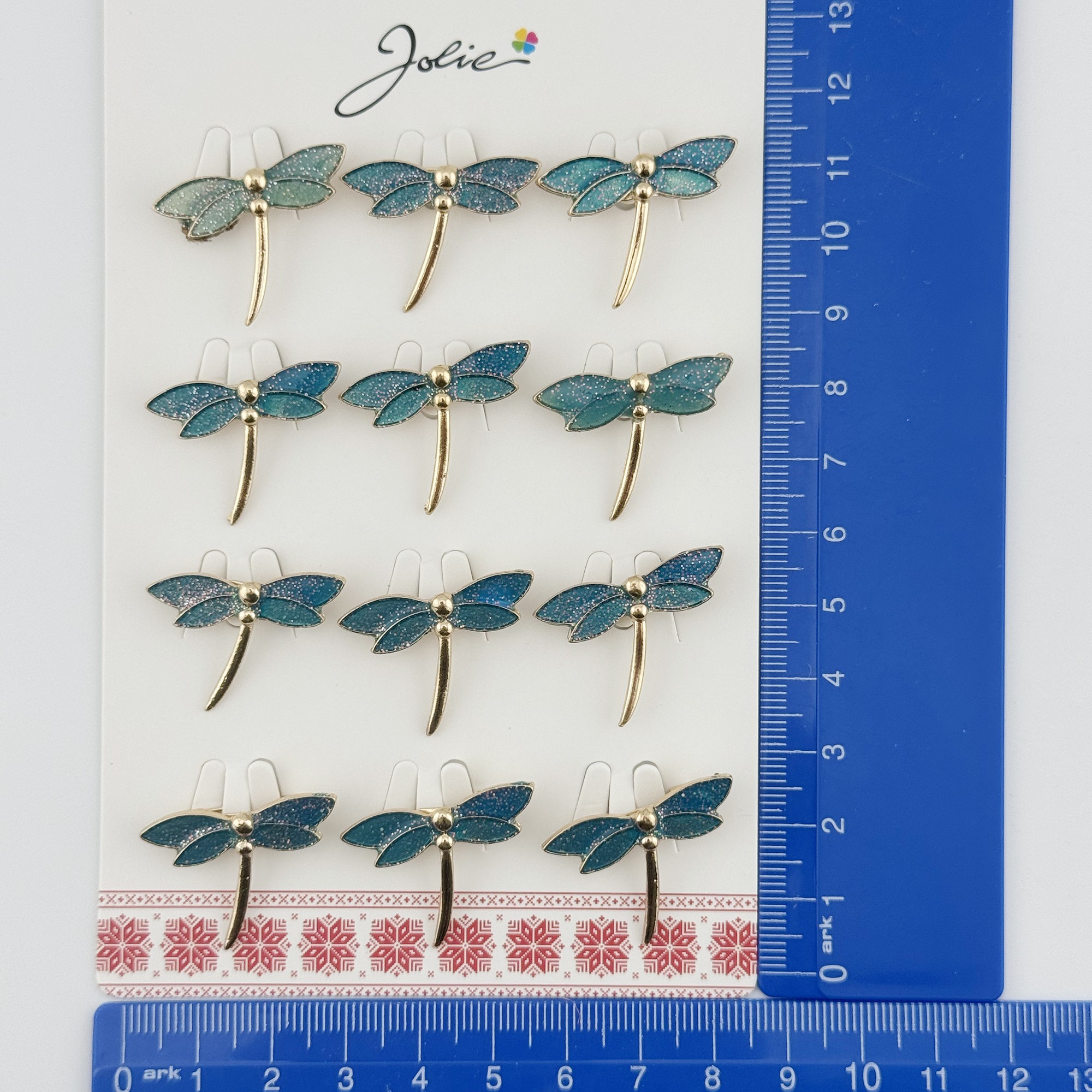 Set 12 Brose Martisor Traditional, Jolie, Model Libelula, Brose din Metal, Aspect Lacuit, 2,5 x 2,5 cm per Unitate, Verde