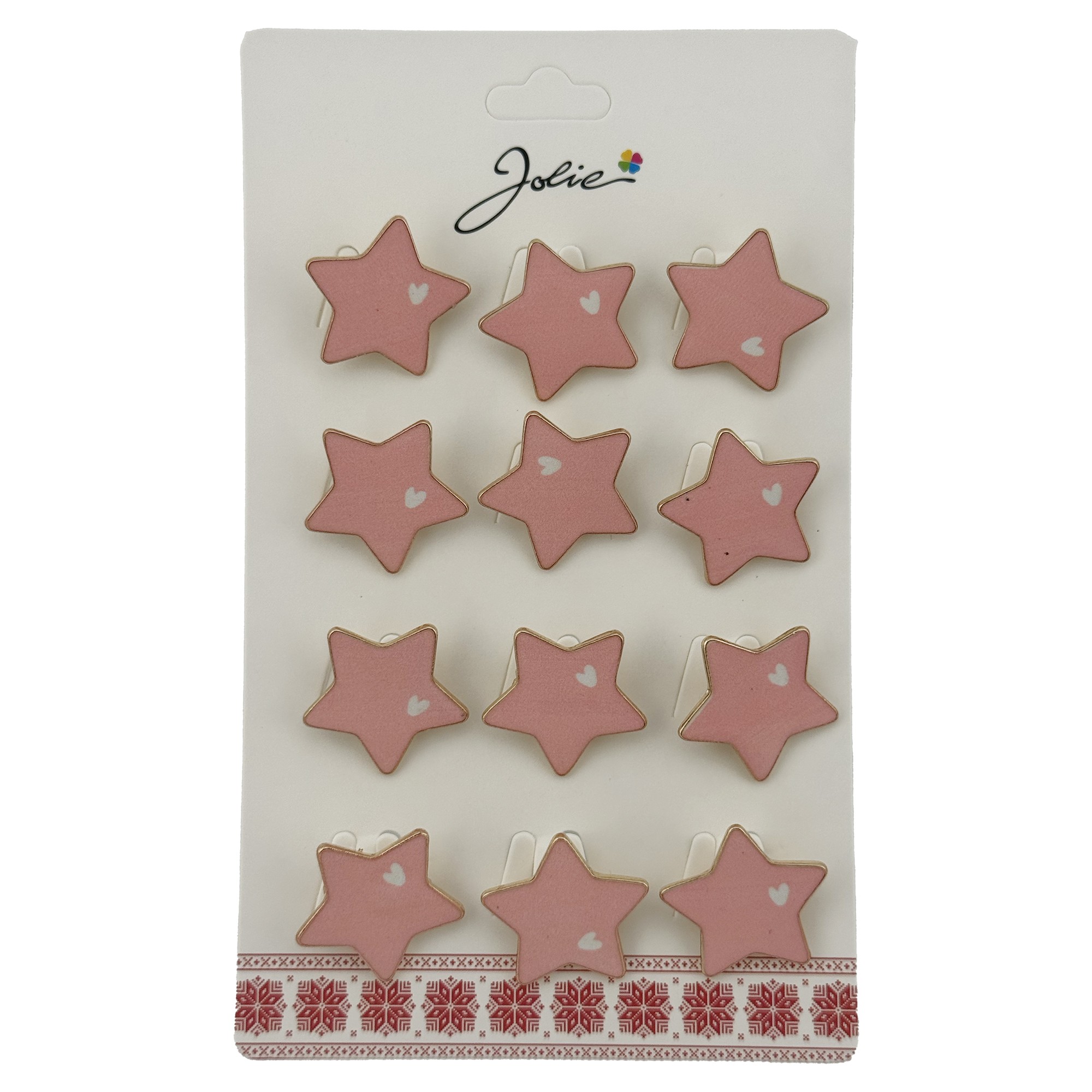 Set 12 Brose Martisor Stea cu Inima Copii, Jolie, Brose din Metal, Aspect Lacuit, 2 x 2 cm per Unitate, Roz