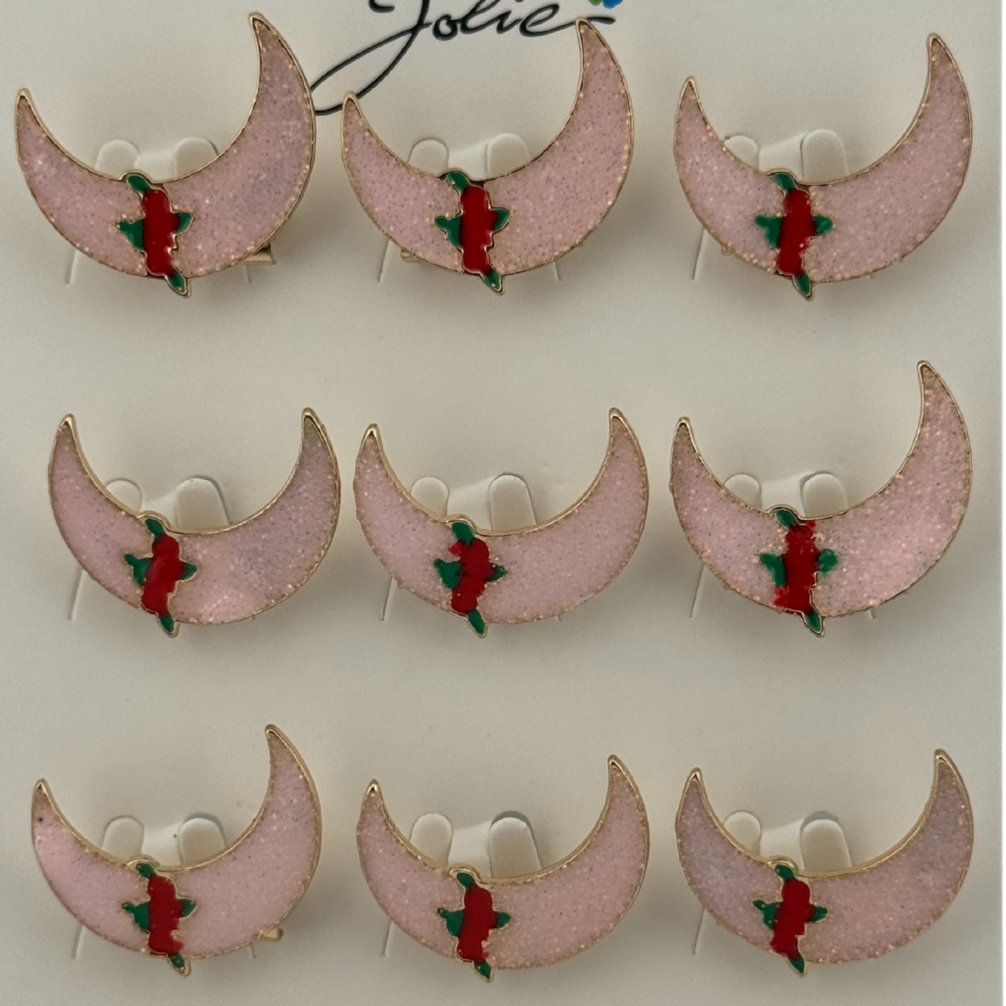 Set 12 Brose Martisor pentru Copii, Jolie, Model Semiluna cu Trandafiri, Roz