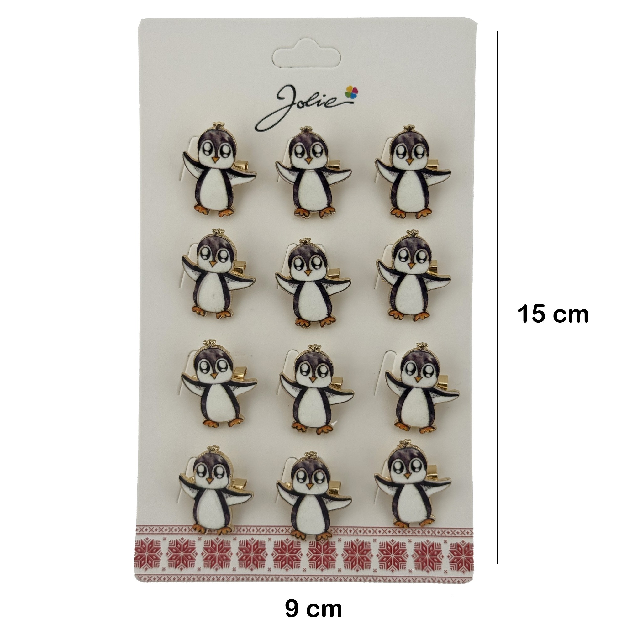 Set 12 Brose Martisor cu Pinguin Copii, Jolie, Brose din Metal, Aspect Lacuit, 2,5 x 3 cm per Unitate, Alb