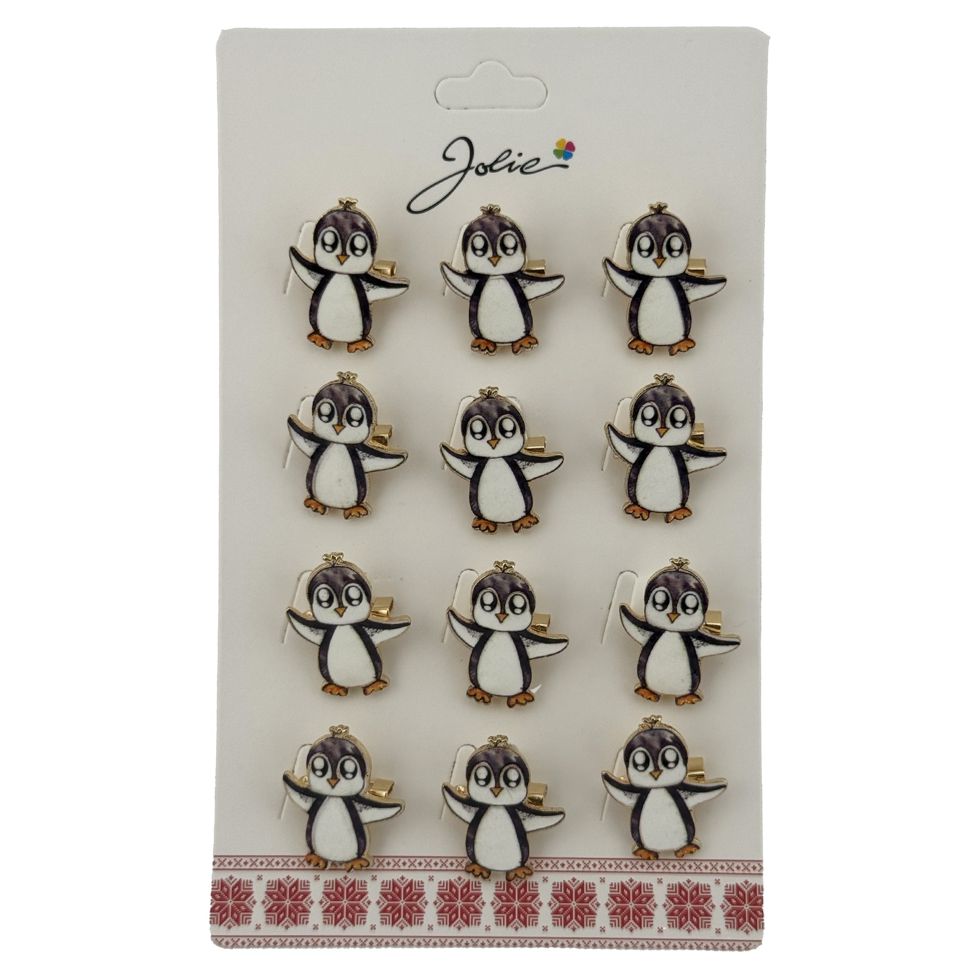 Set 12 Brose Martisor cu Pinguin Copii, Jolie, Brose din Metal, Aspect Lacuit, 2,5 x 3 cm per Unitate, Alb