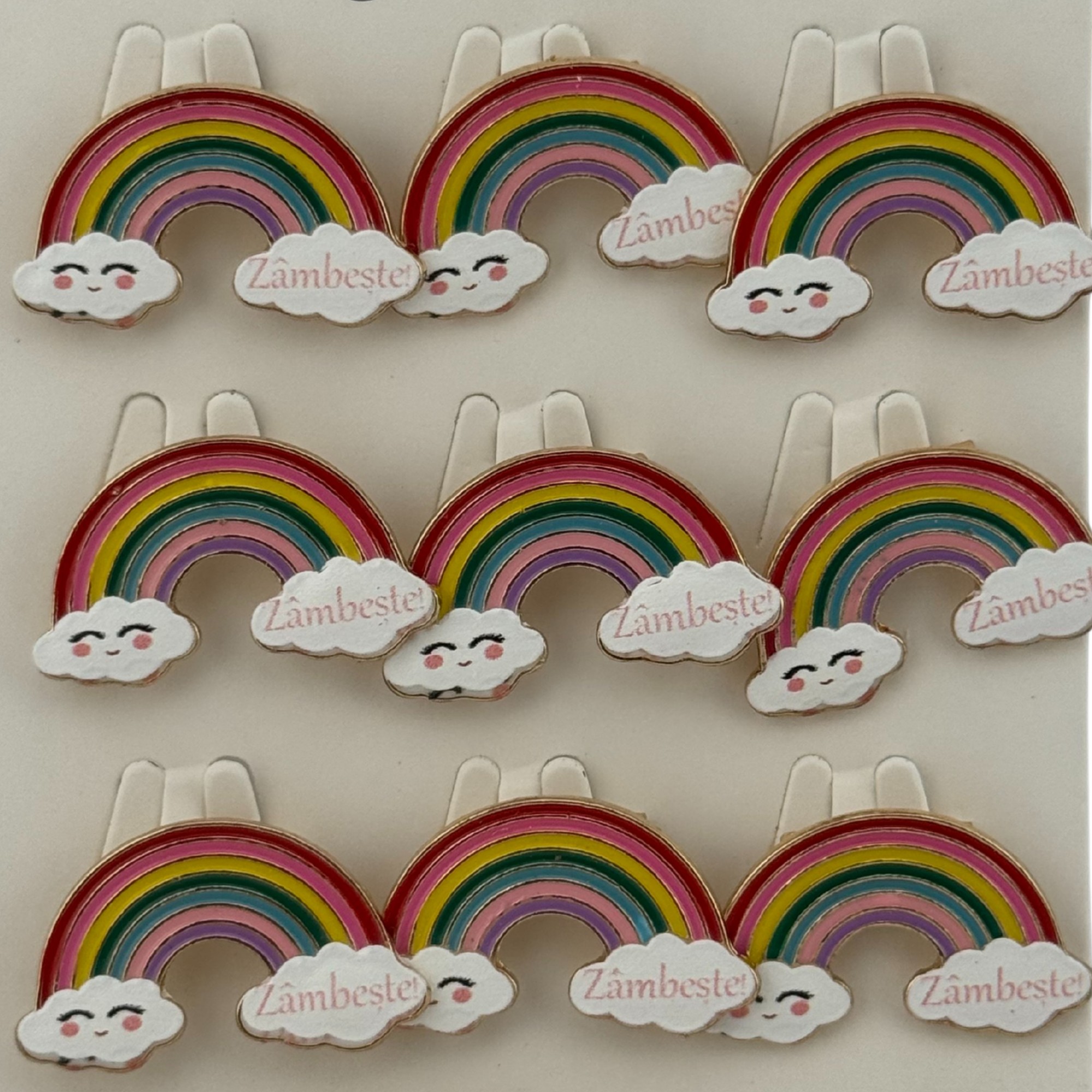 Set 12 Brose Martisor pentru Copii, Jolie, Model Curcubeu, cu Mesaj Zambeste, Multicolor