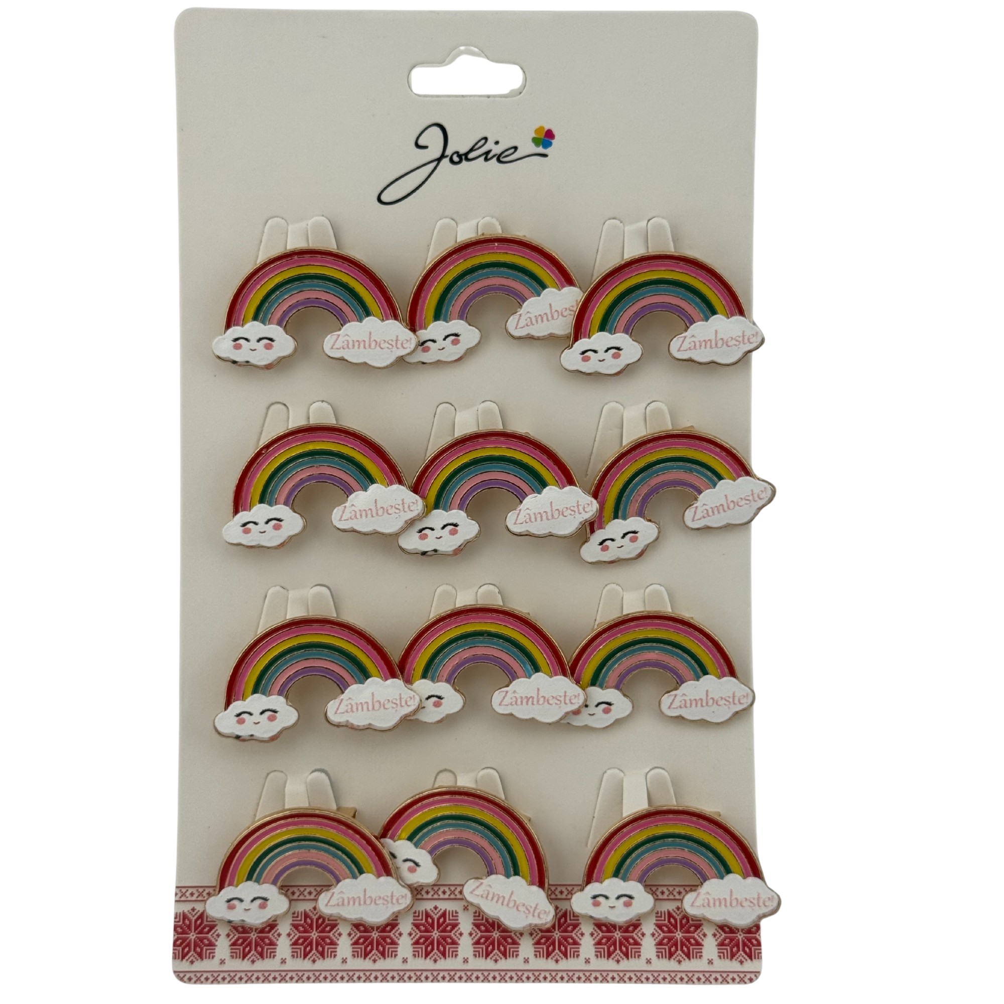 Set 12 Brose Martisor pentru Copii, Jolie, Model Curcubeu, cu Mesaj Zambeste, Multicolor