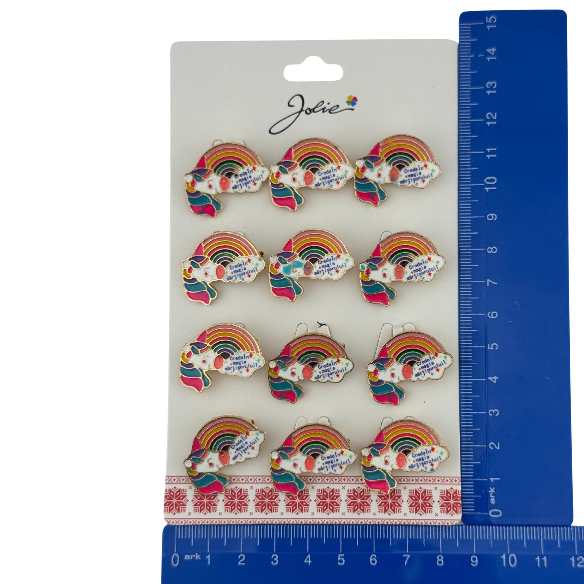 Set 12 Brose Martisor pentru Copii, Jolie, Model Unicorn Curcubeu, cu Mesaj Crede in Magia Martisorului, Multicolor