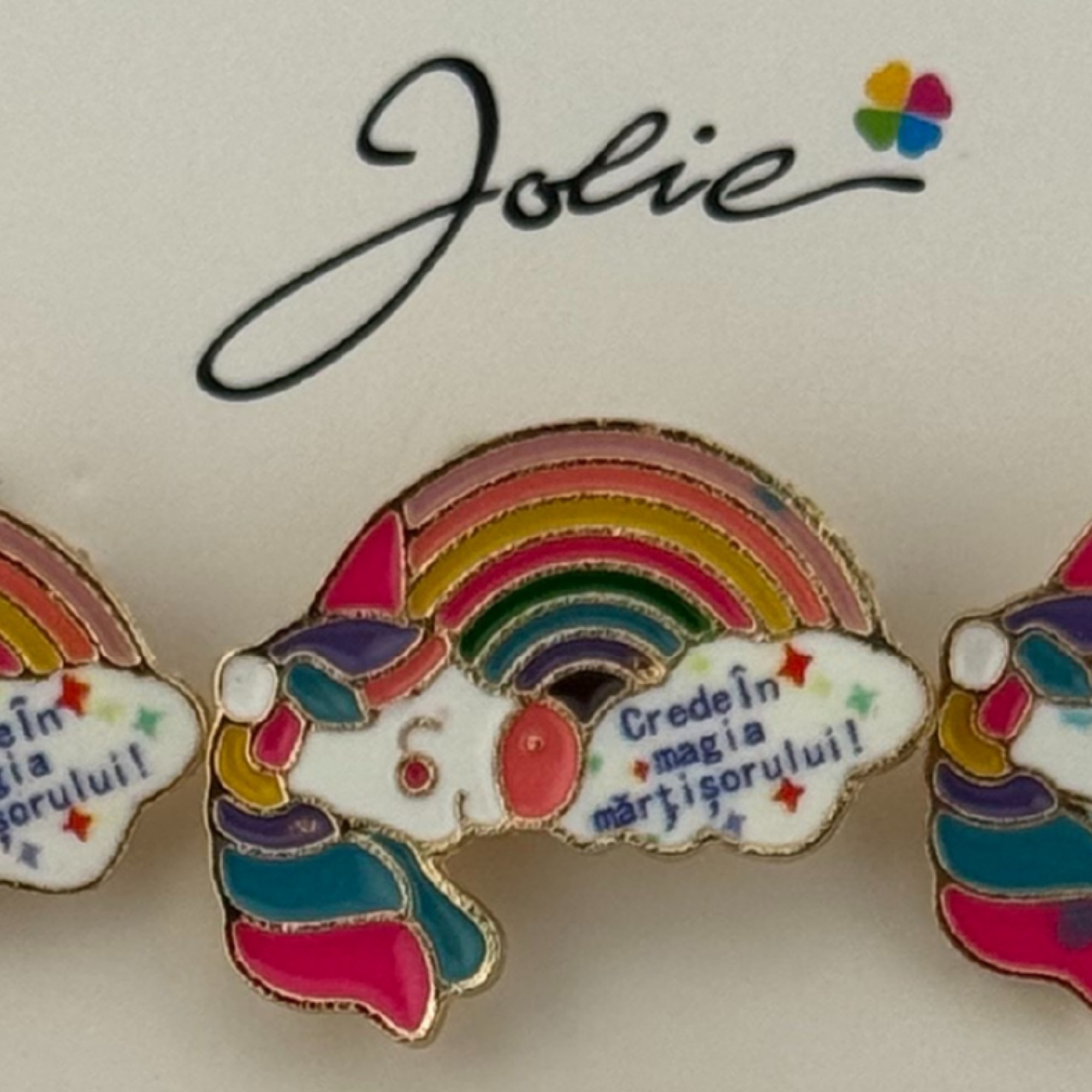 Set 12 Brose Martisor pentru Copii, Jolie, Model Unicorn Curcubeu, cu Mesaj Crede in Magia Martisorului, Multicolor