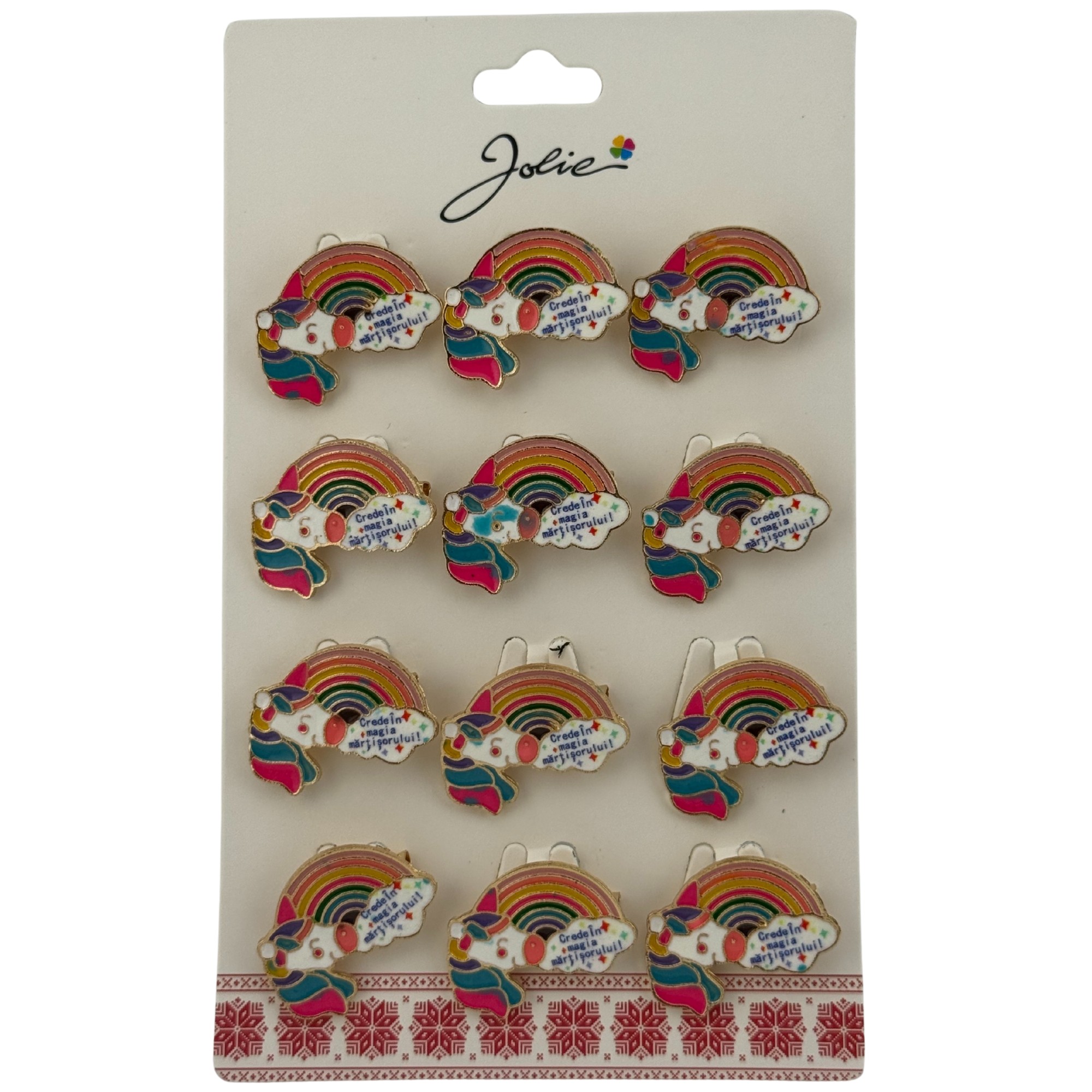 Set 12 Brose Martisor pentru Copii, Jolie, Model Unicorn Curcubeu, cu Mesaj Crede in Magia Martisorului, Multicolor