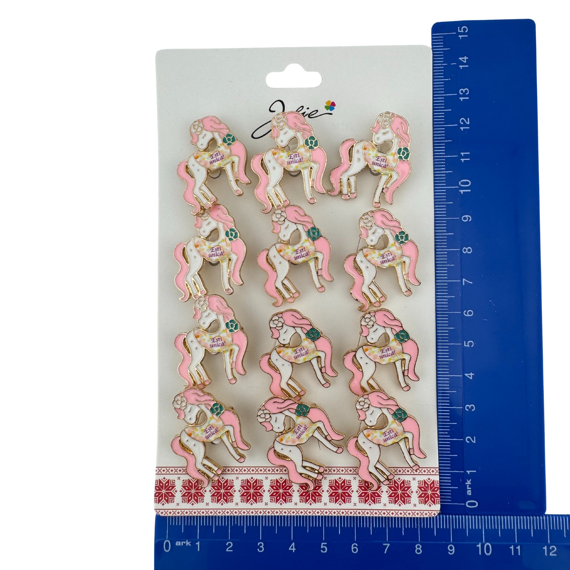 Set 12 Brose Martisor pentru Copii, Jolie, Model Unicorn cu Par Roz, cu Mesaj Esti Unica, Multicolor