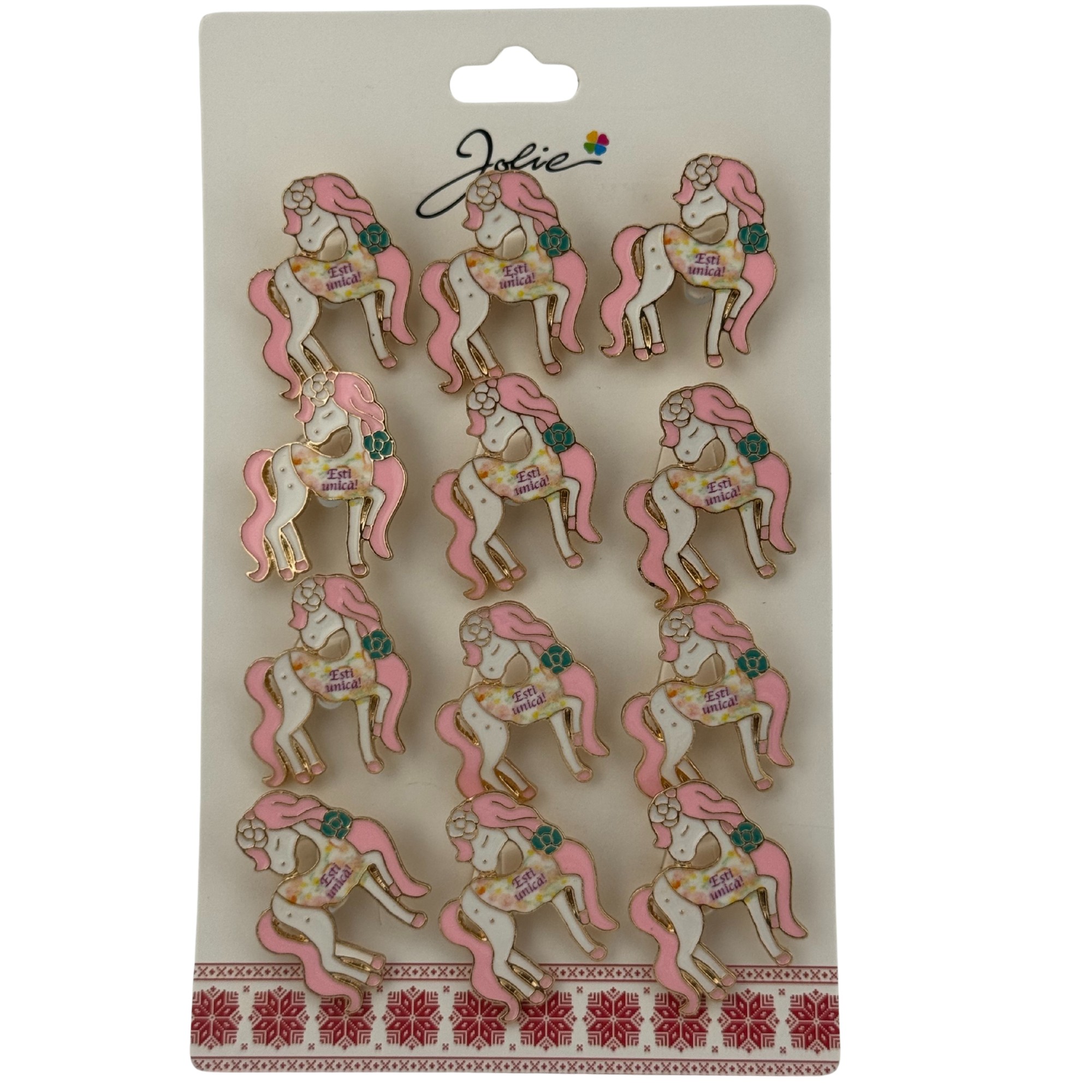 Set 12 Brose Martisor pentru Copii, Jolie, Model Unicorn cu Par Roz, cu Mesaj Esti Unica, Multicolor