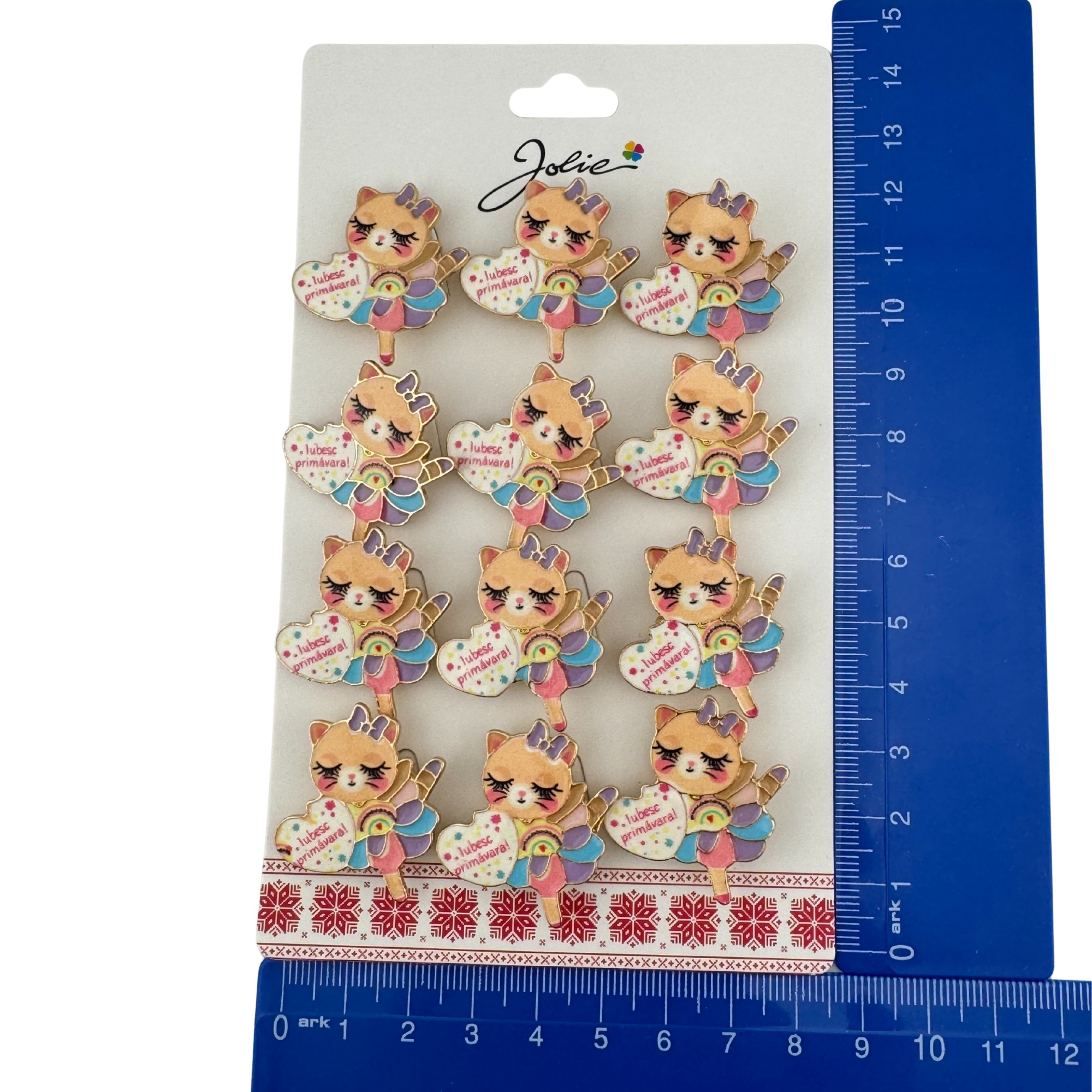 Set 12 Brose Martisor pentru Copii, Jolie, Model Pisica, cu Mesaj Iubesc Primavara, Multicolor