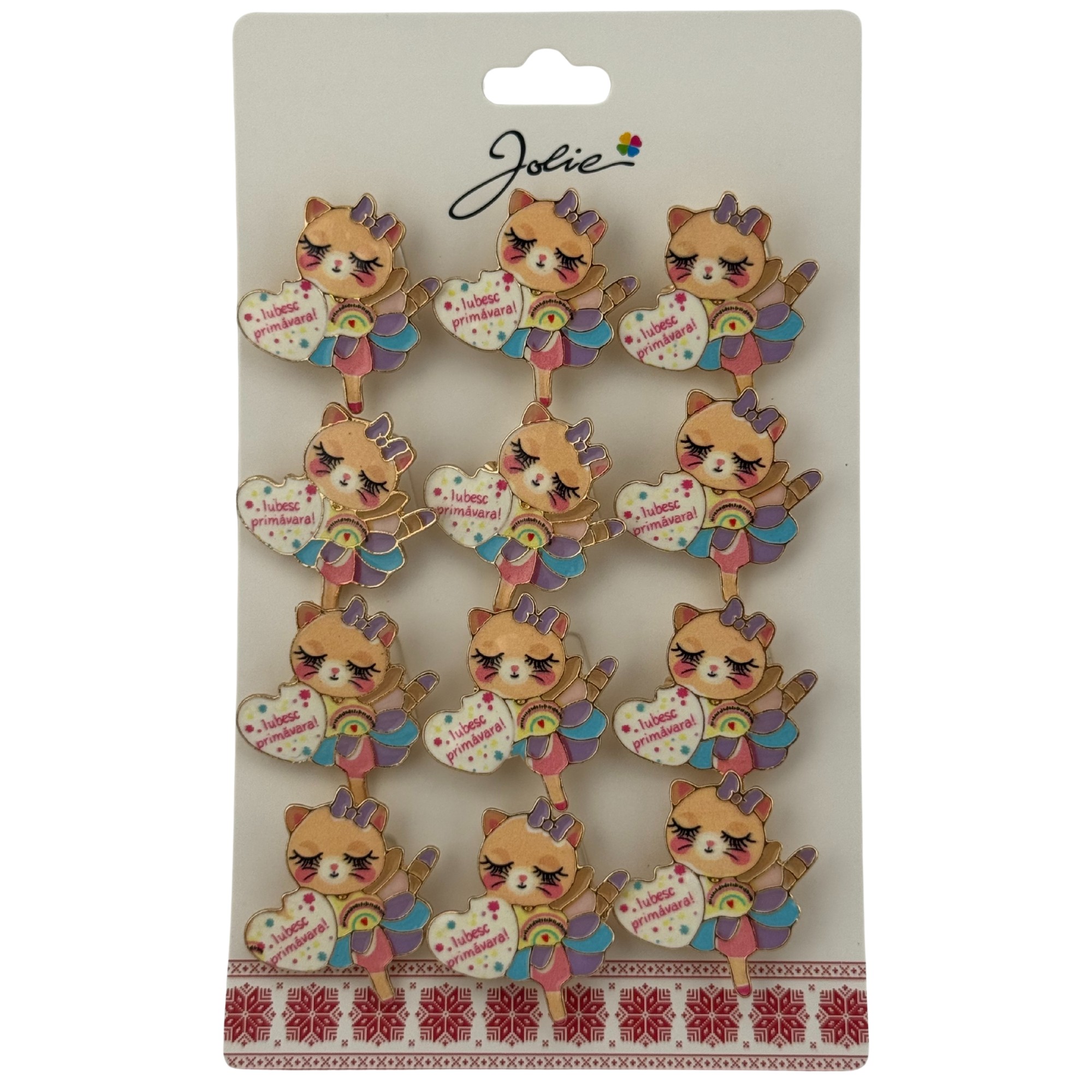 Set 12 Brose Martisor pentru Copii, Jolie, Model Pisica, cu Mesaj Iubesc Primavara, Multicolor