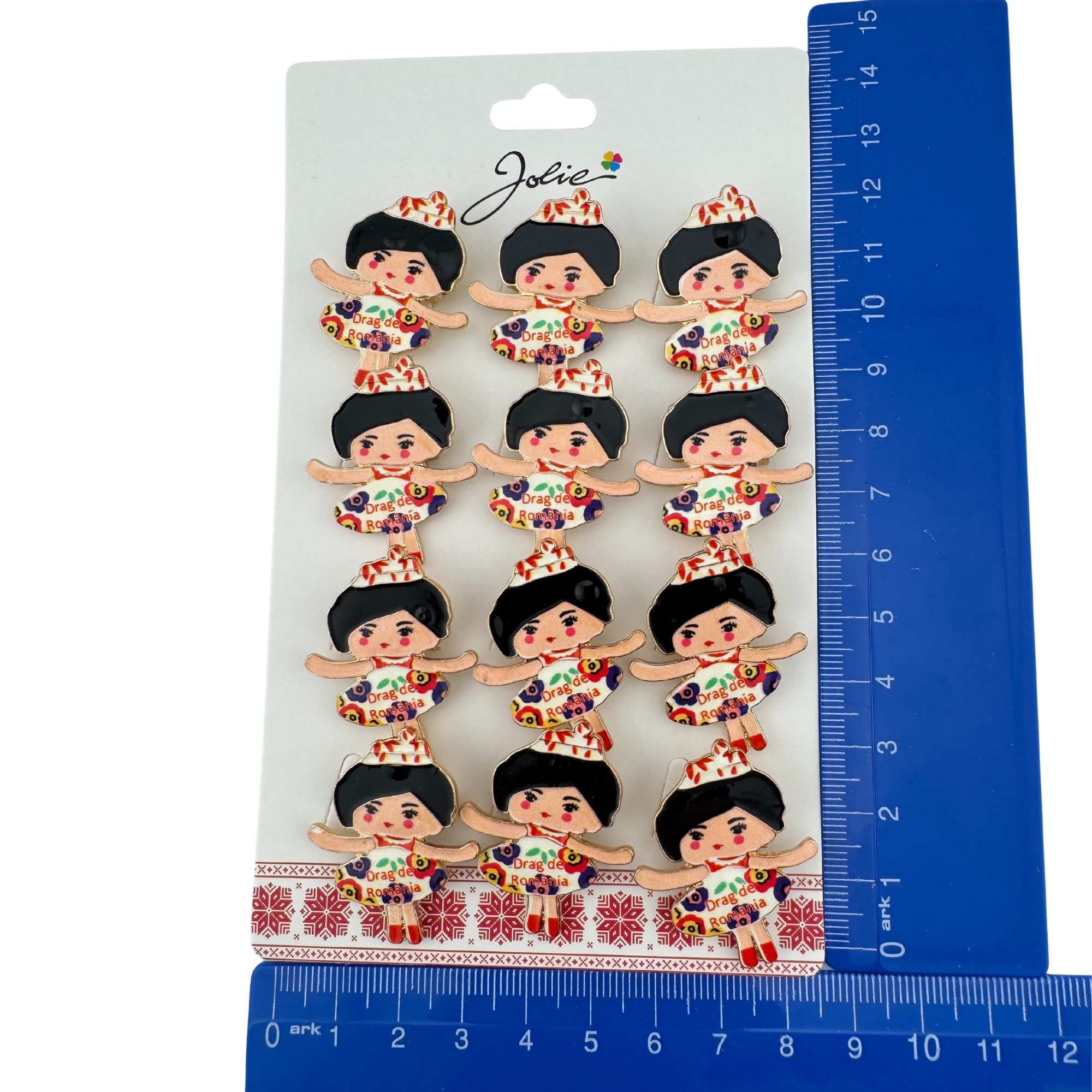 Set 12 Brose Martisor pentru Copii, Jolie, Model Fetita cu Coronita, cu Mesaj Drag de Romania, Multicolor