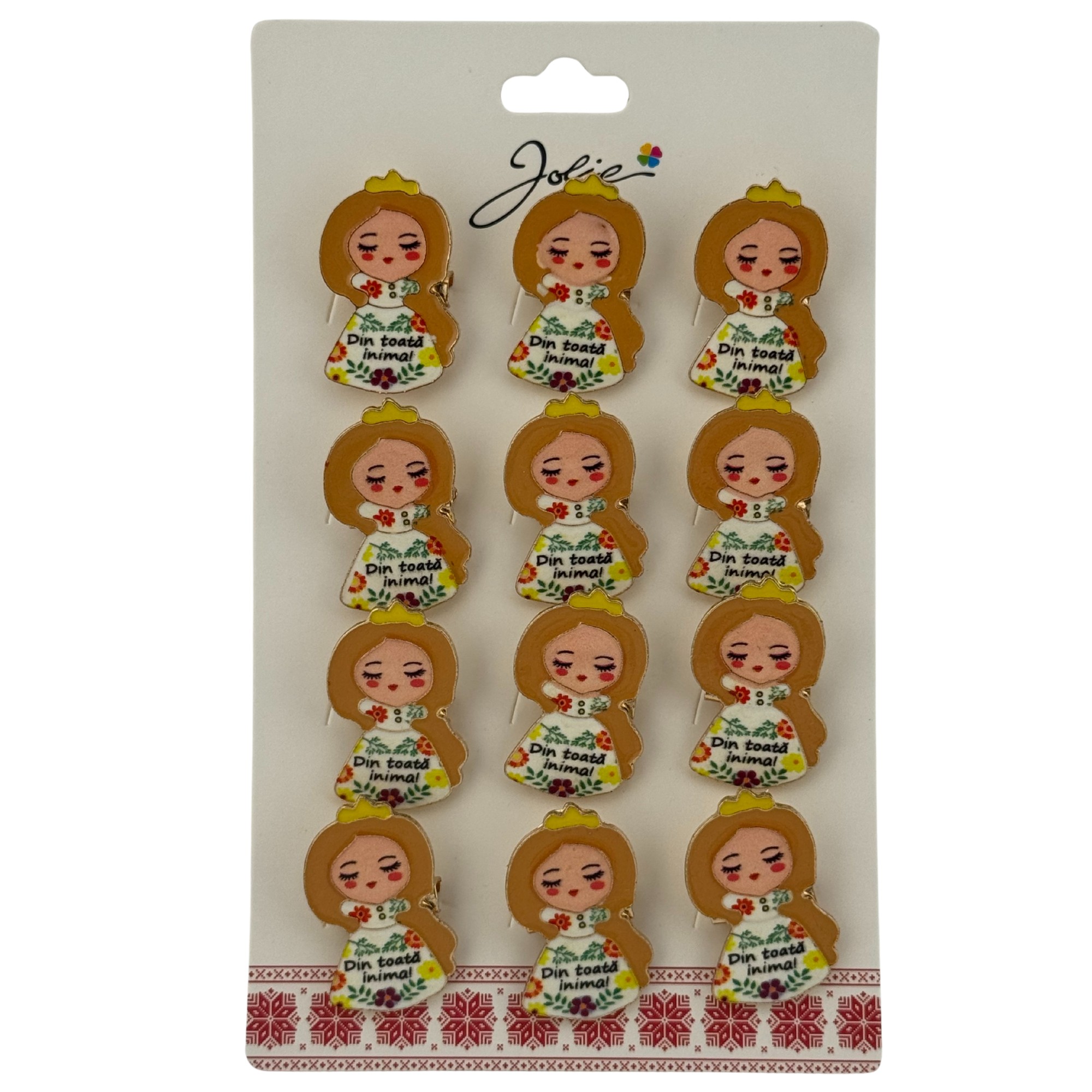 Set 12 Brose Martisor pentru Copii, Jolie, Model Fetita, cu Mesaj Din Toata Inima, Multicolor