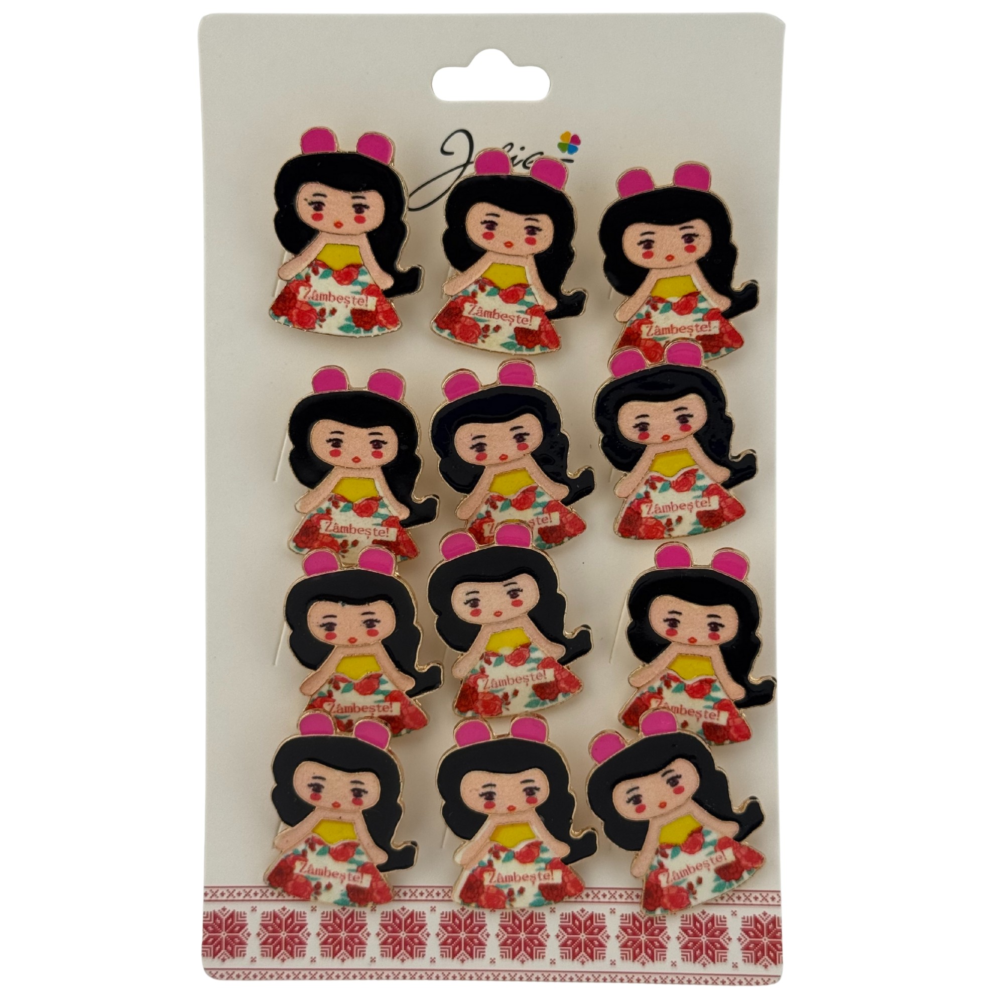 Set 12 Brose Martisor pentru Copii, Jolie, Model Fetita, cu Mesaj Zambeste, Multicolor