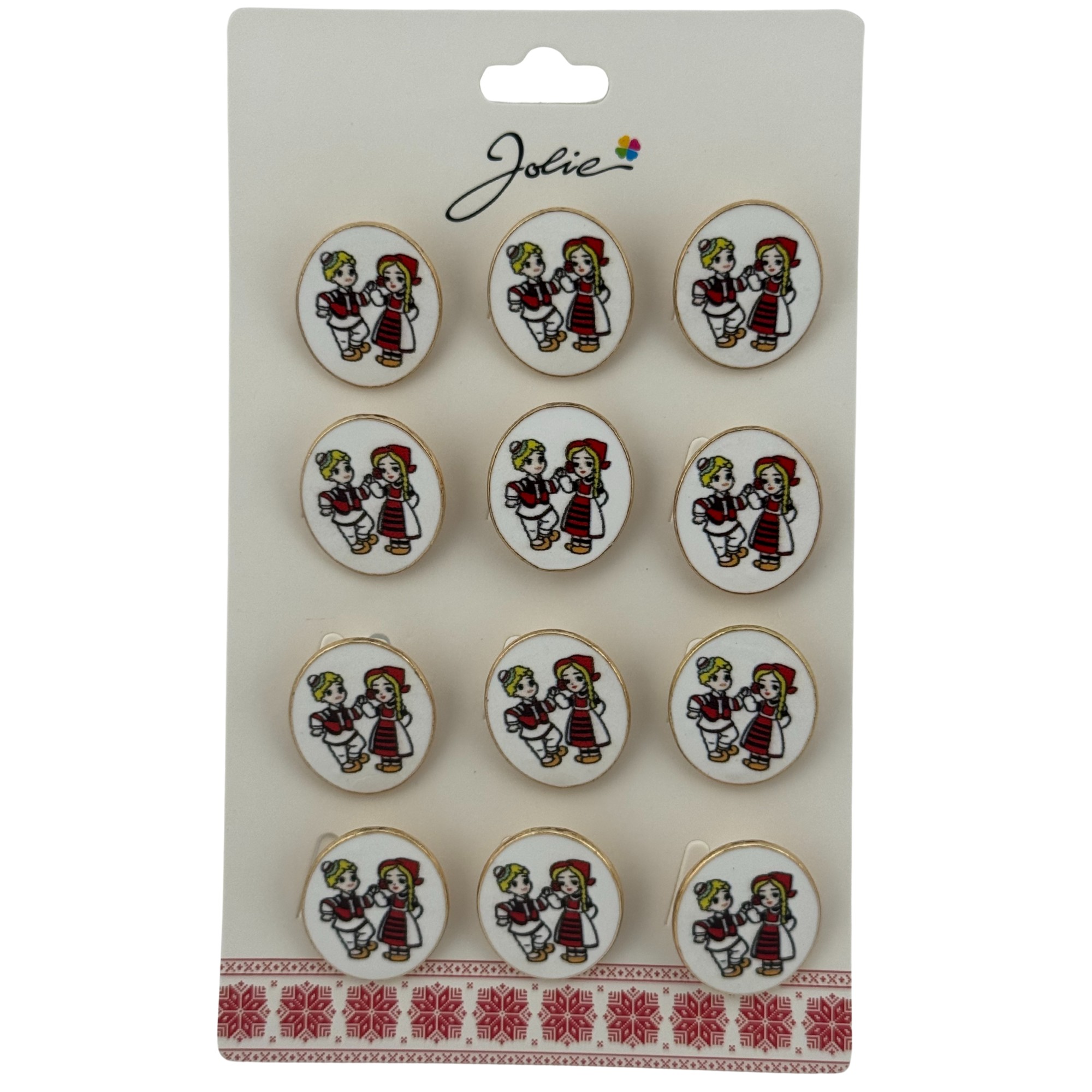 Set 12 Brose Martisor pentru Copii, Jolie, Model Baiat si Fata Imbracati Traditional, Multicolor