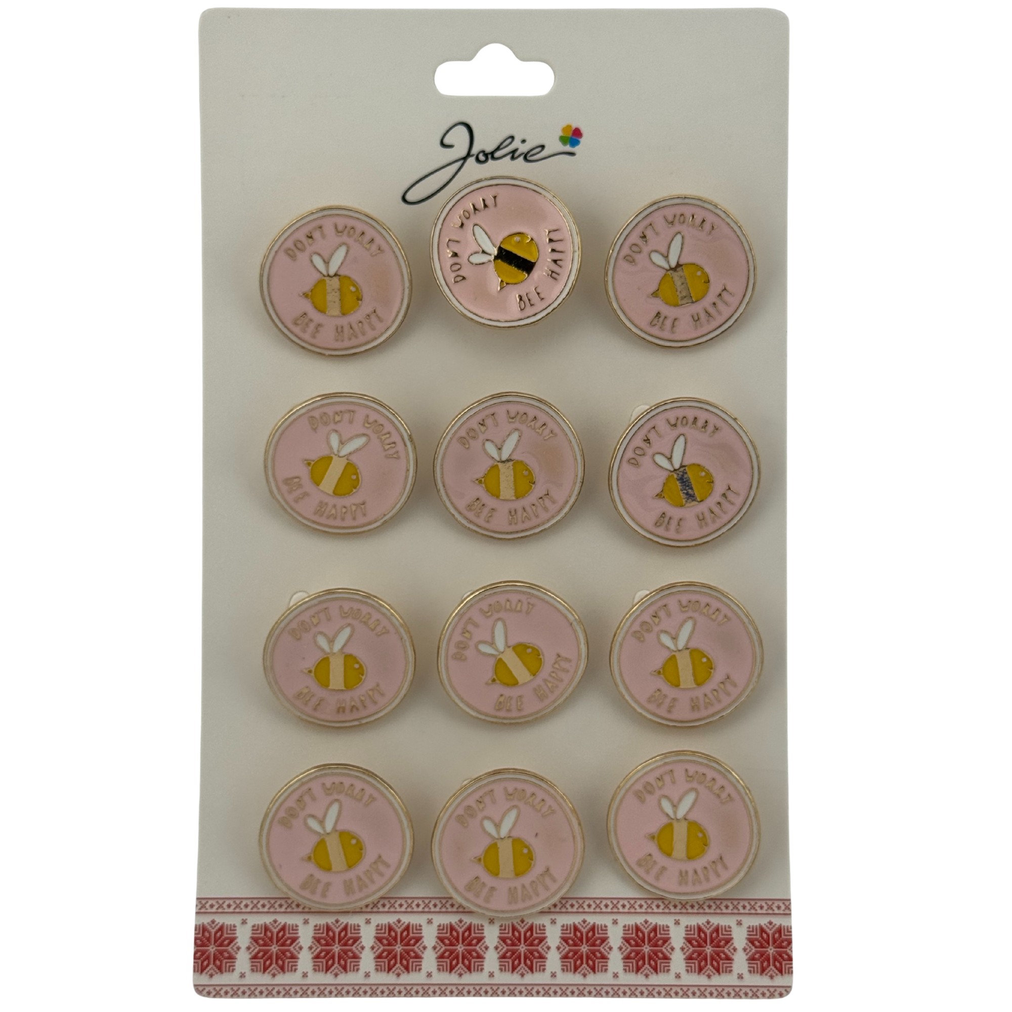 Set 12 Brose Martisor pentru Copii, Jolie, Model Albinuta, cu Mesaj Don`t Worry Bee Happy, Roz Galben