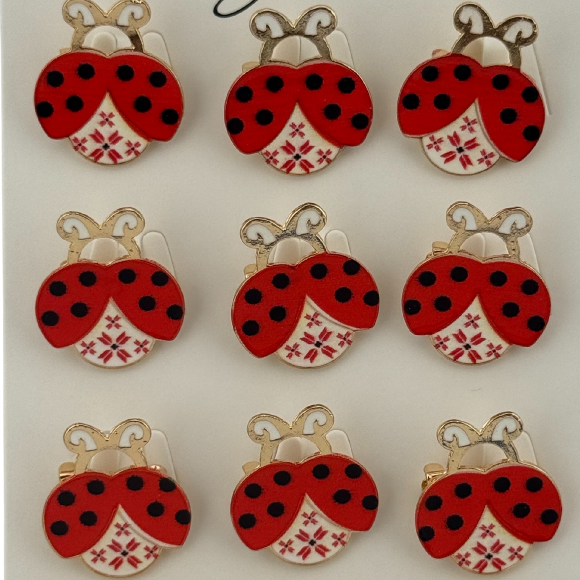 Set 12 Brose Martisor pentru Copii, Jolie, Model Buburuza cu Motiv Traditional, Rosu Alb