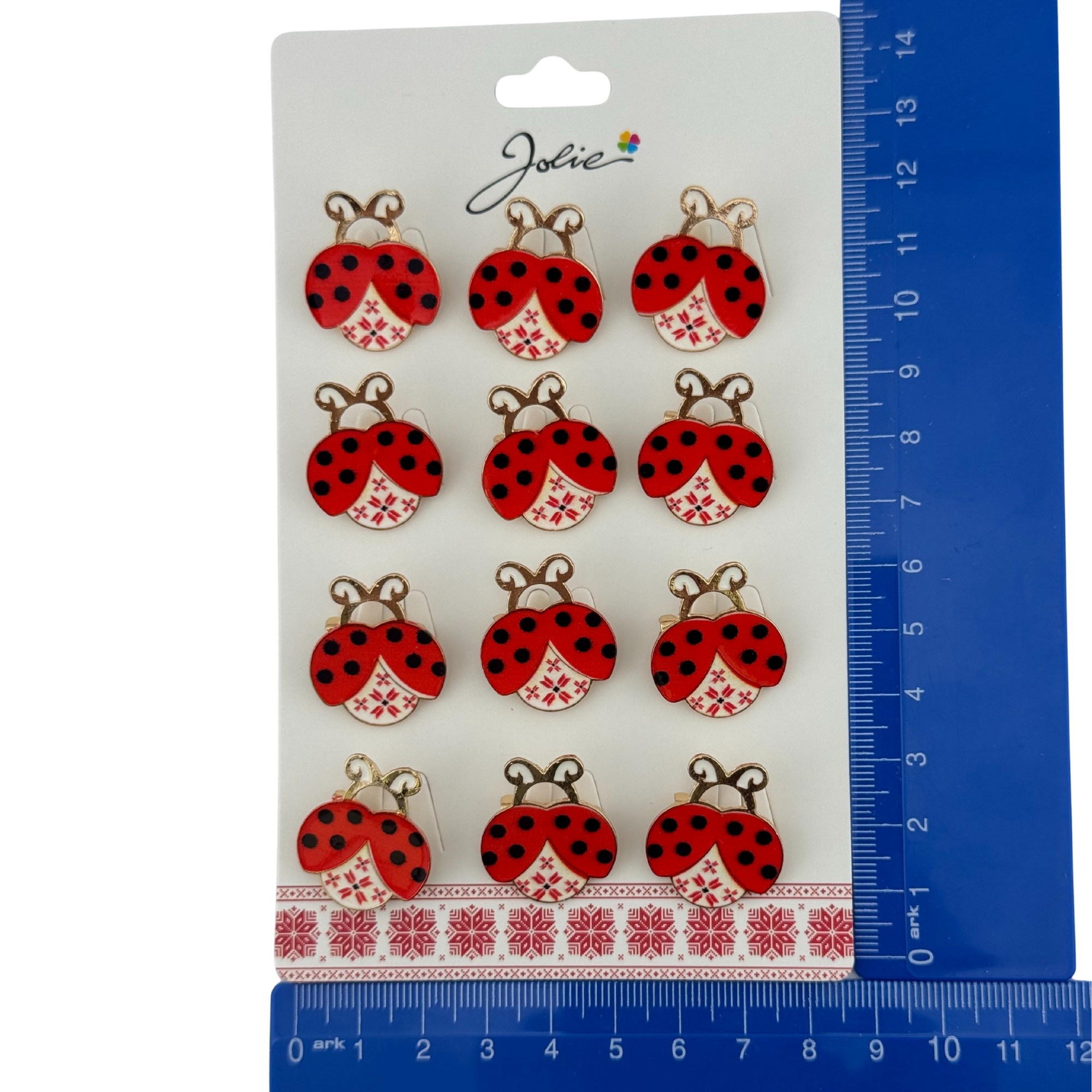 Set 12 Brose Martisor pentru Copii, Jolie, Model Buburuza cu Motiv Traditional, Rosu Alb