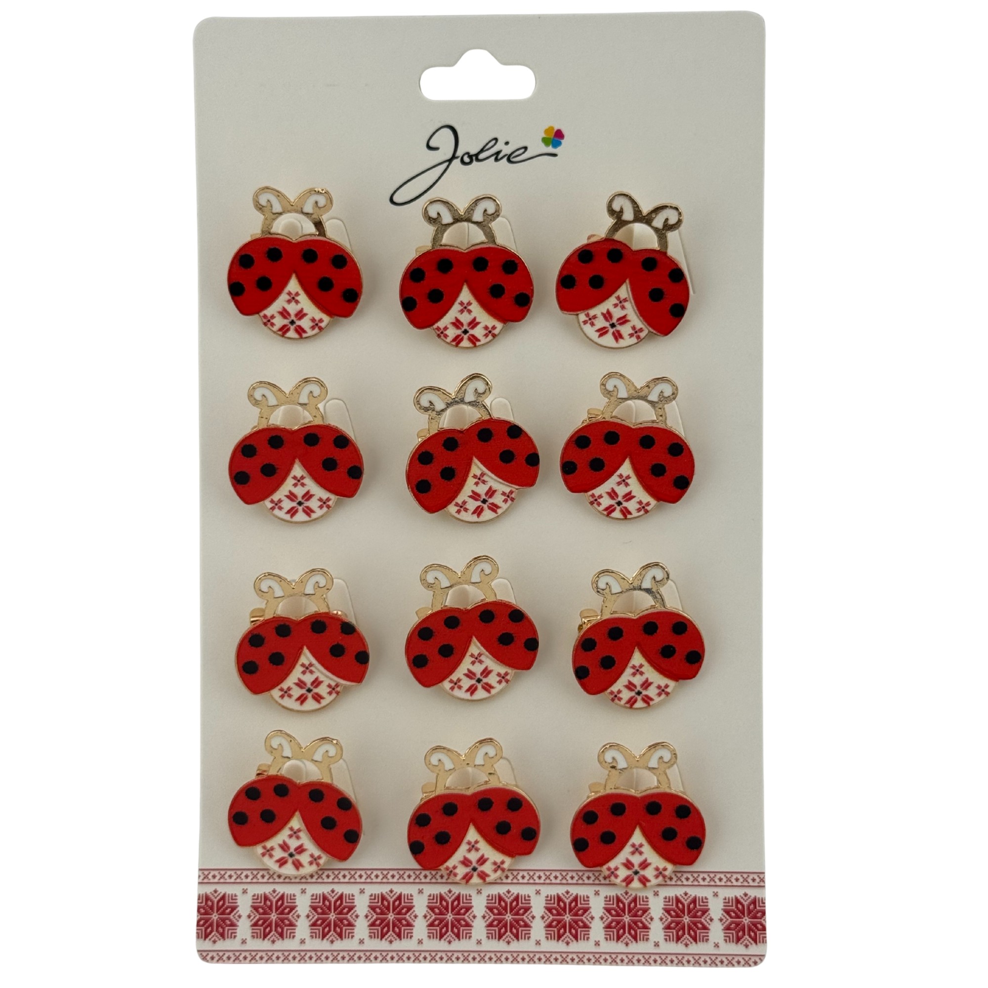 Set 12 Brose Martisor pentru Copii, Jolie, Model Buburuza cu Motiv Traditional, Rosu Alb