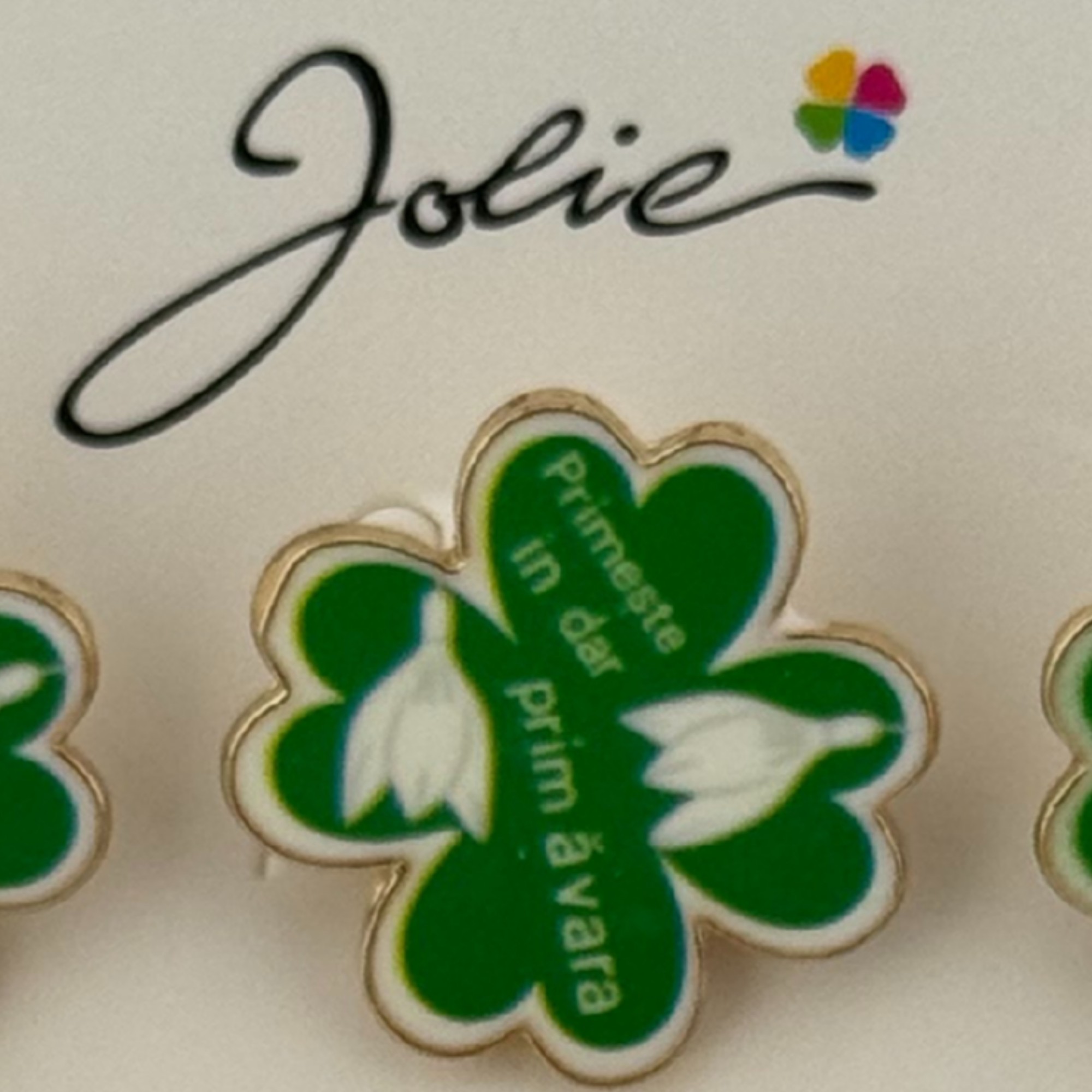 Set 12 Brose Martisor Primavara, Jolie, Model Trifoi cu Patru Foi, Mesaj Primeste in Dar Primavara, Verde