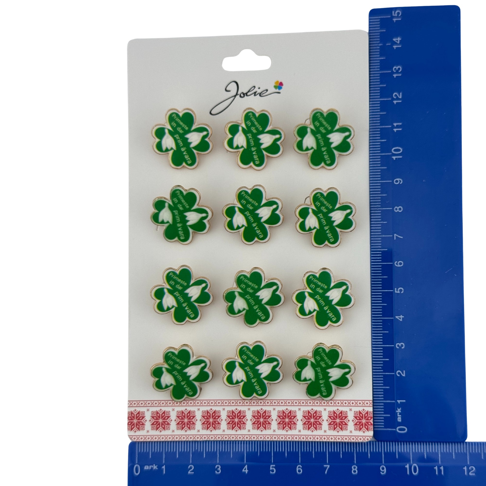 Set 12 Brose Martisor Primavara, Jolie, Model Trifoi cu Patru Foi, Mesaj Primeste in Dar Primavara, Verde