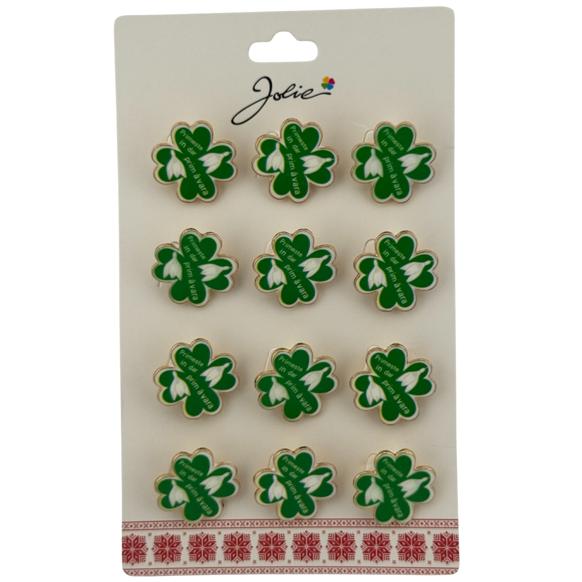 Set 12 Brose Martisor Primavara, Jolie, Model Trifoi cu Patru Foi, Mesaj Primeste in Dar Primavara, Verde