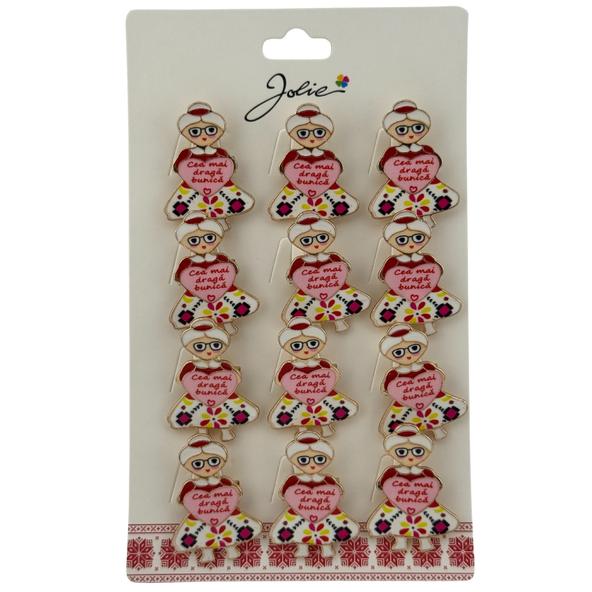 Set 12 Brose Martisor Primavara, Jolie, Model Femeie, Mesaj  Cea Mai Draga Bunica, Multicolor