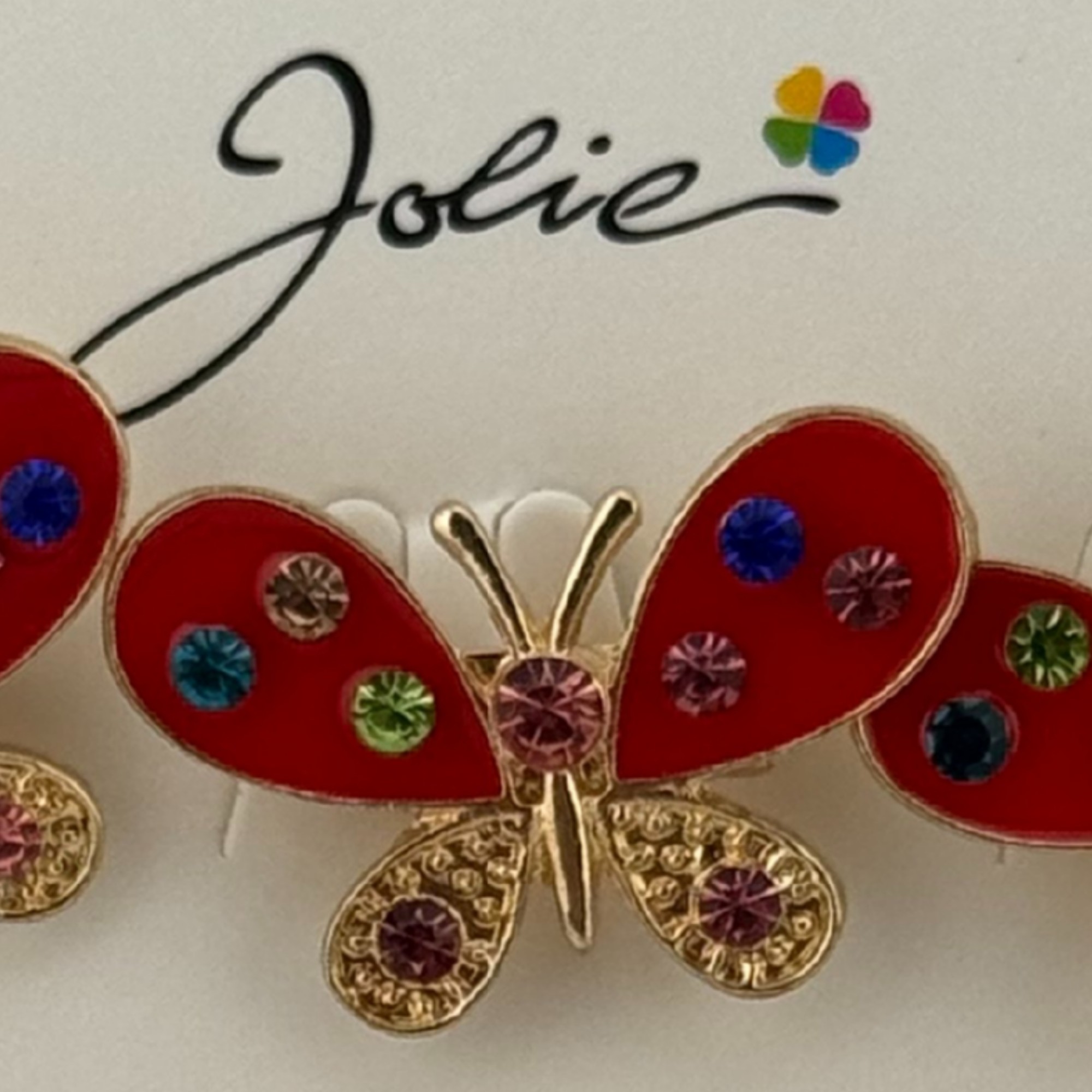 Set 12 Brose Martisor Primavara, Jolie, Model Fluture cu Pietre, Rosu-Auriu