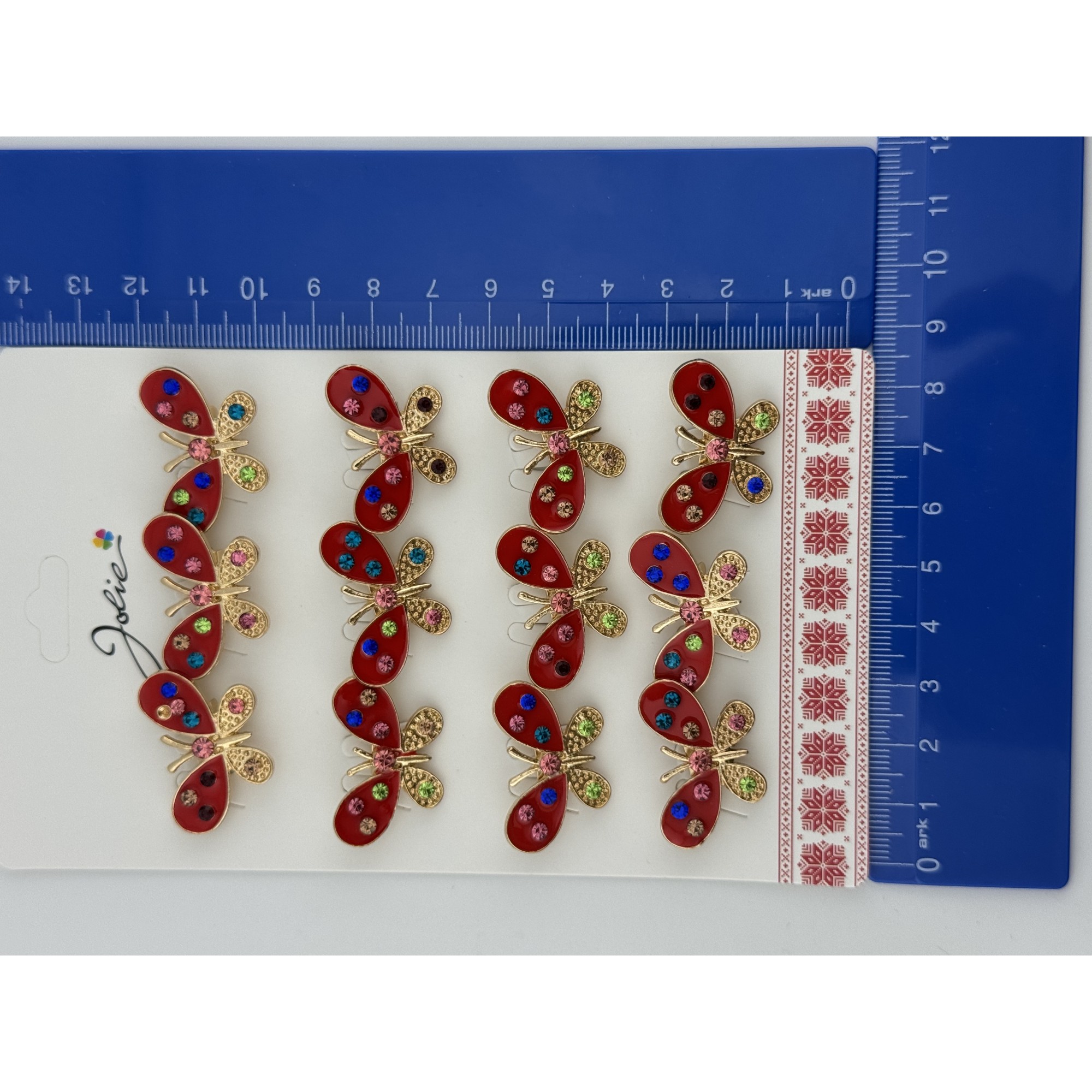 Set 12 Brose Martisor Primavara, Jolie, Model Fluture cu Pietre, Rosu-Auriu