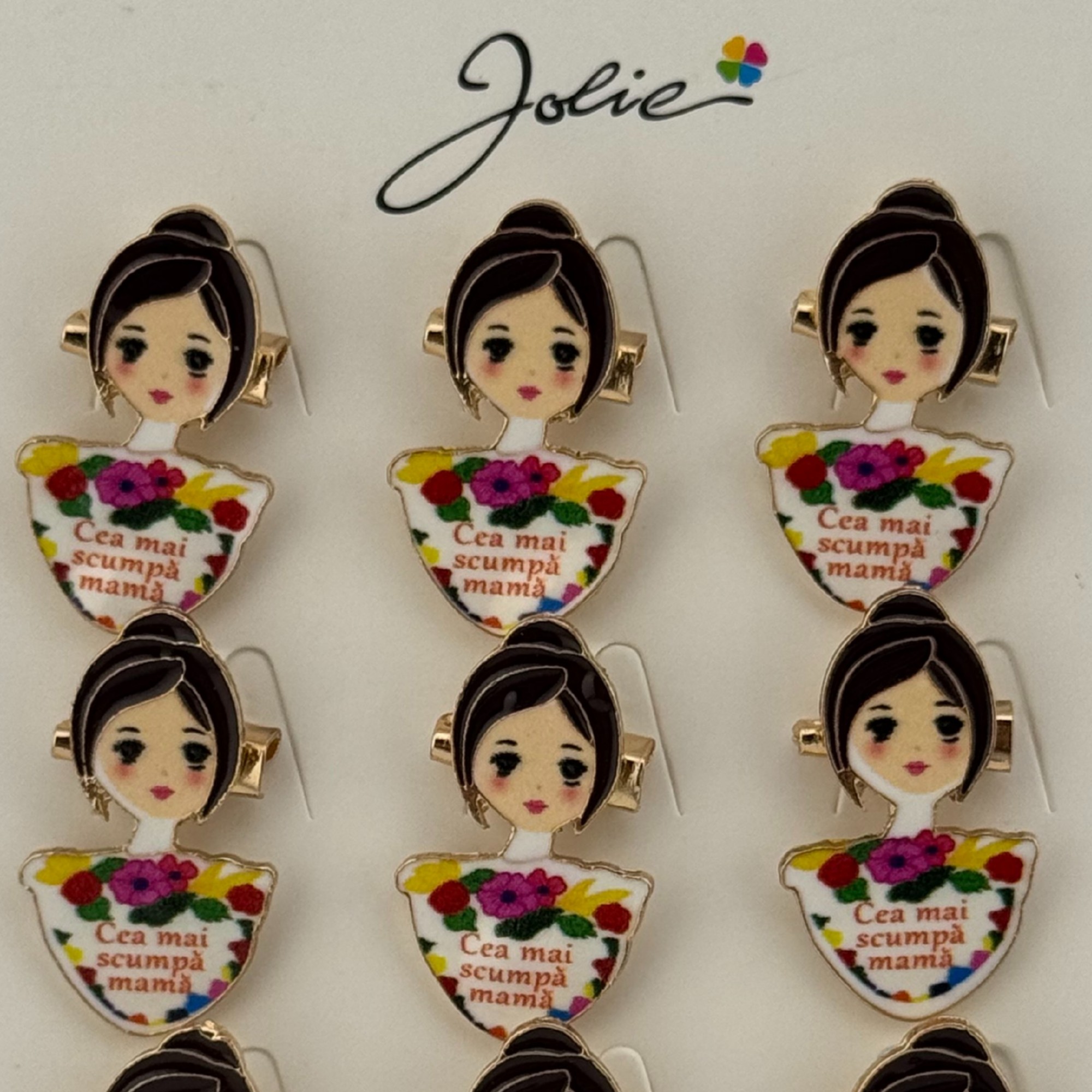 Set 12 Brose Martisor Primavara, Jolie, Model Fata, Mesaj Cea Mai Scumpa Mama, Multicolor